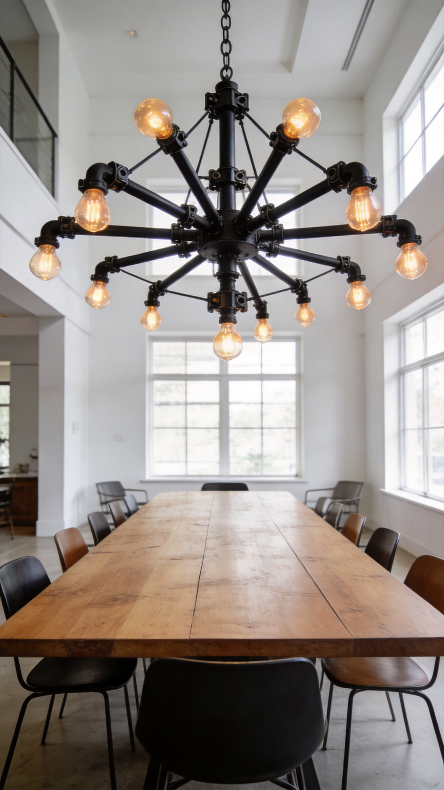 A modern dining room with a large multi-arm industrial chandelier made of blackened steel hanging over a long wooden table.