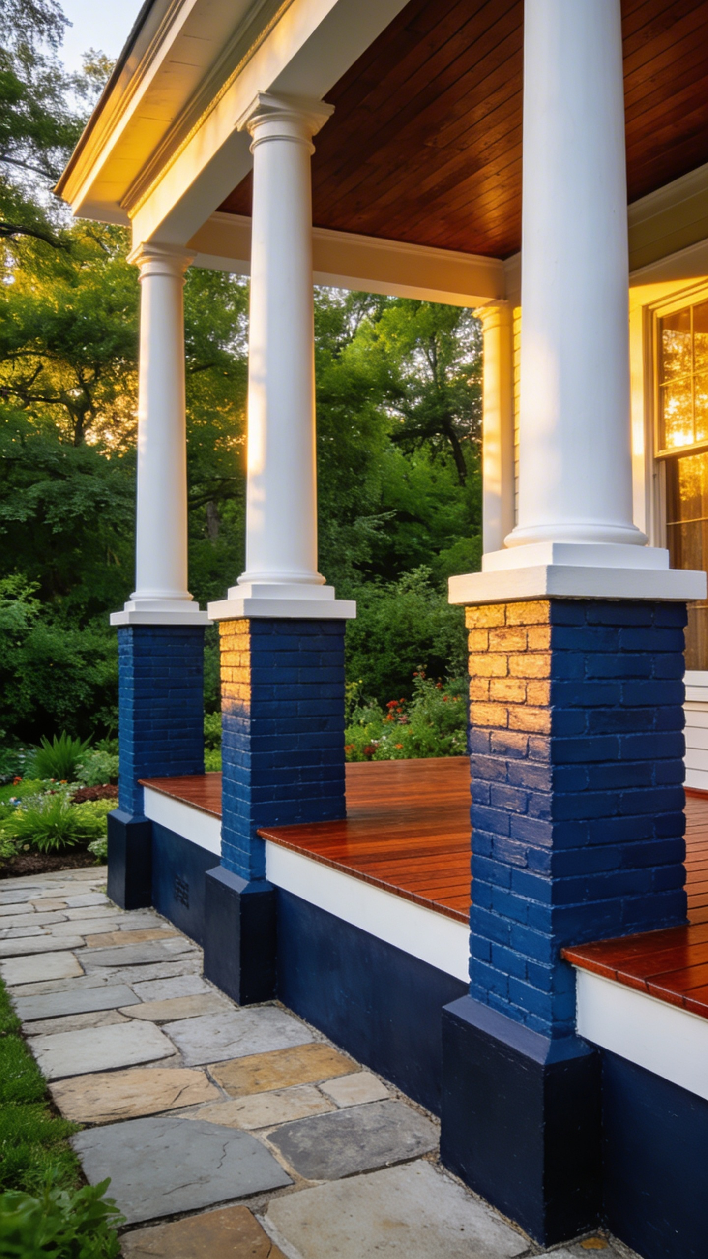 An elevated home porch featuring a foundation painted in deep Oxford Blue masonry paint to anchor the structure to the landscape.