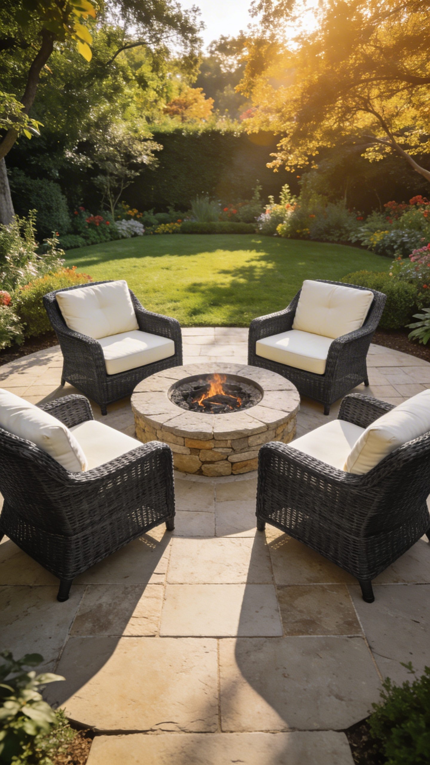 A symmetrical arrangement of modern porch furniture set in a circle around a central fire pit on a luxury stone patio.