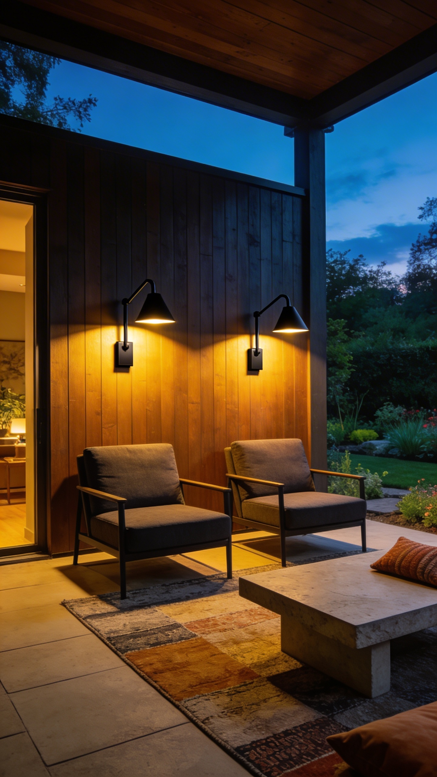 Modern porch furniture set on a veranda with black articulated sconces mounted at waist height on the wall to provide task lighting.