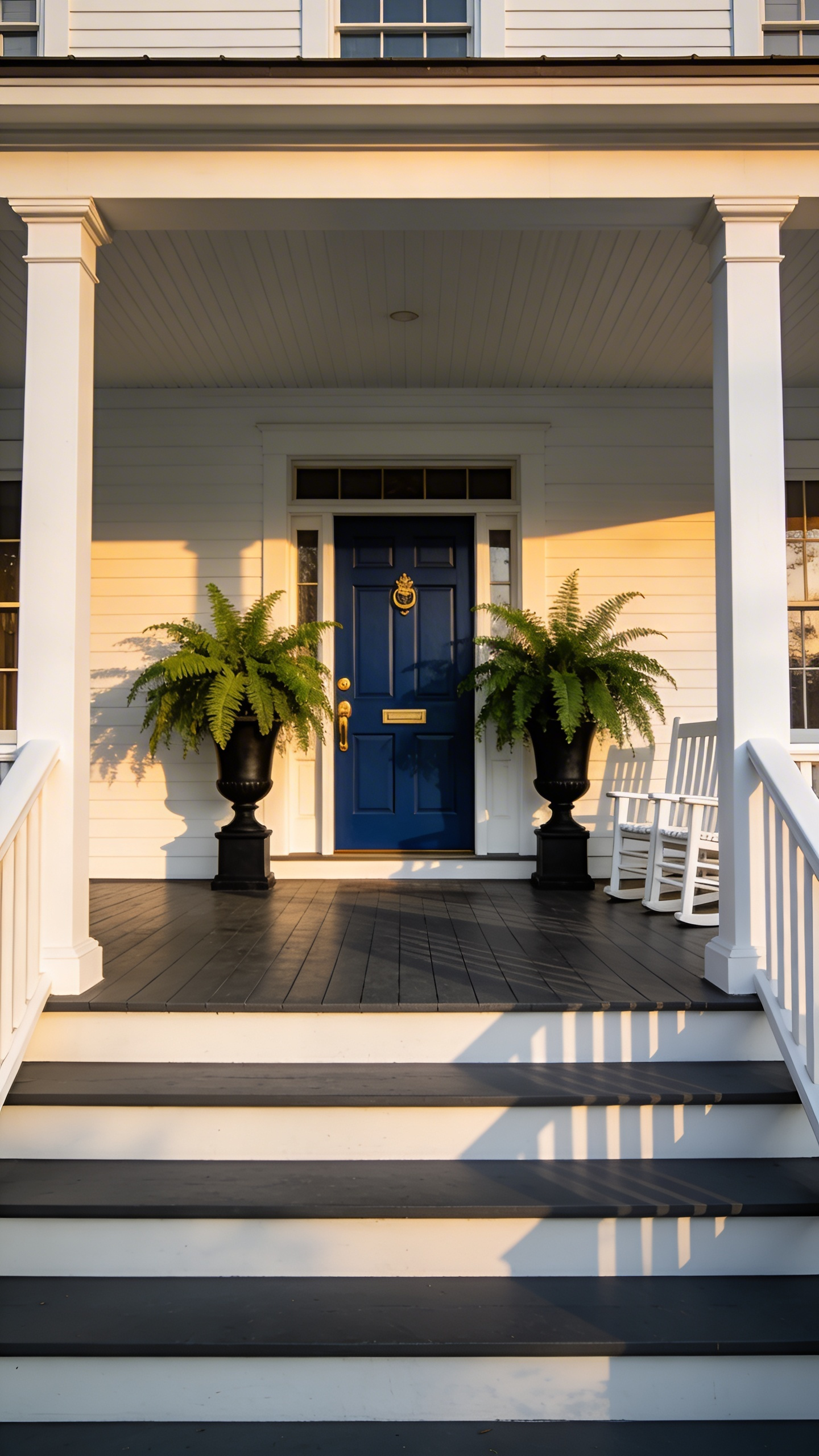 A grand front entrance featuring a charcoal gray painted porch floor and a navy blue door surrounded by lush green plants in the warm evening light.