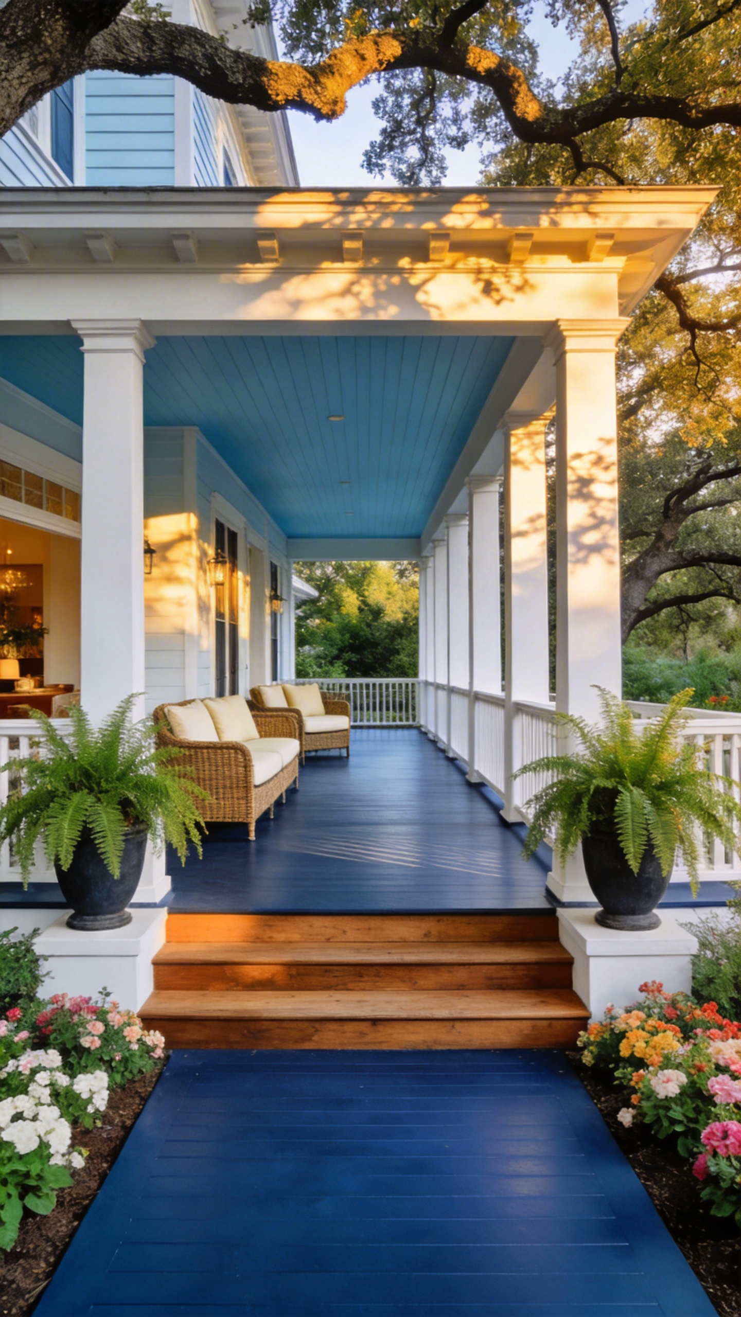 A wide front porch featuring slate blue painted floors and white columns nestled in a lush green garden at sunset.