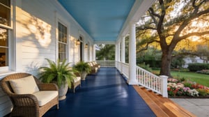 A wide front porch featuring slate blue painted floors and white columns nestled in a lush green garden at sunset.