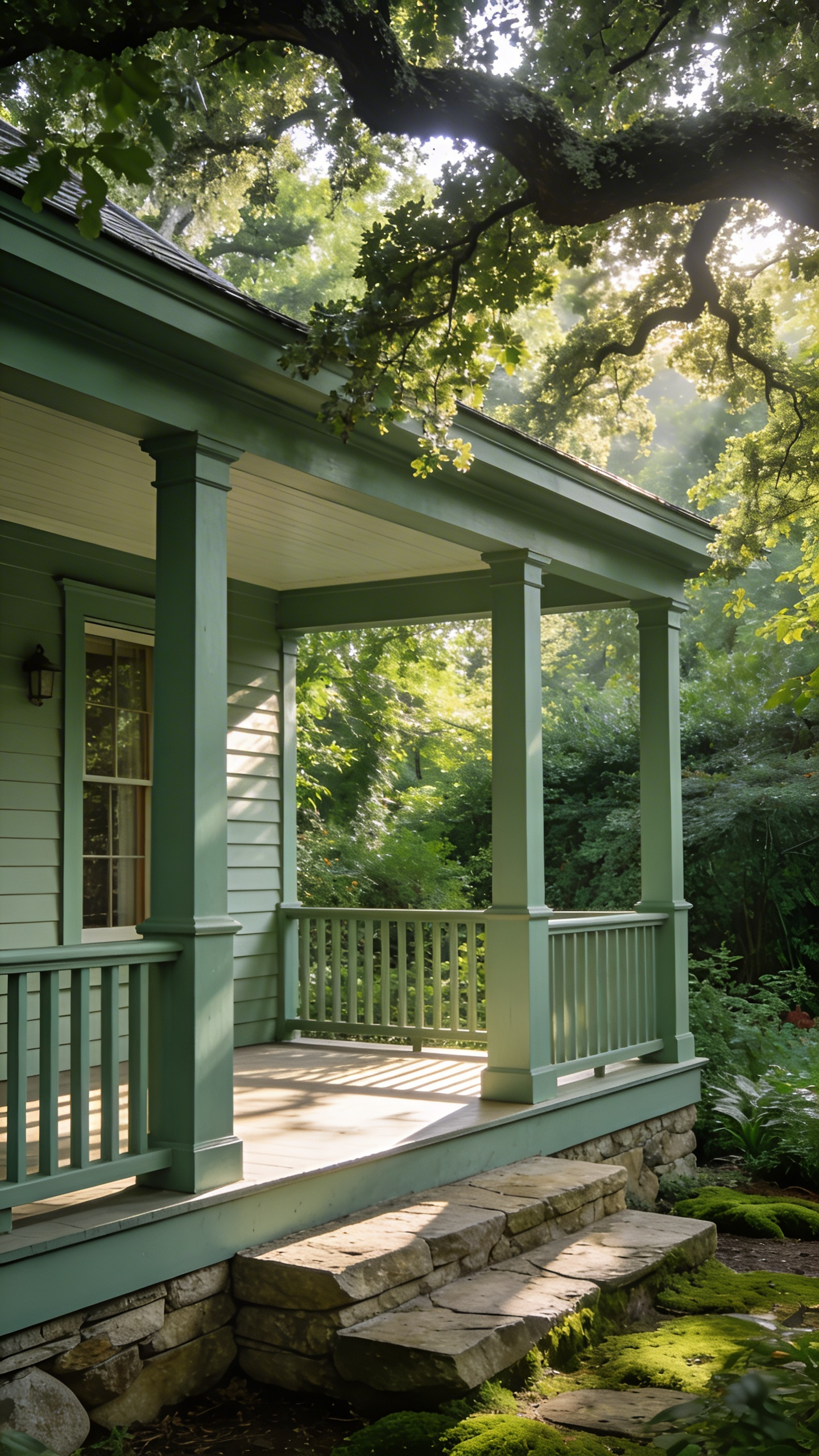 A cottage porch painted in sage green with natural limestone steps surrounded by a lush green garden.
