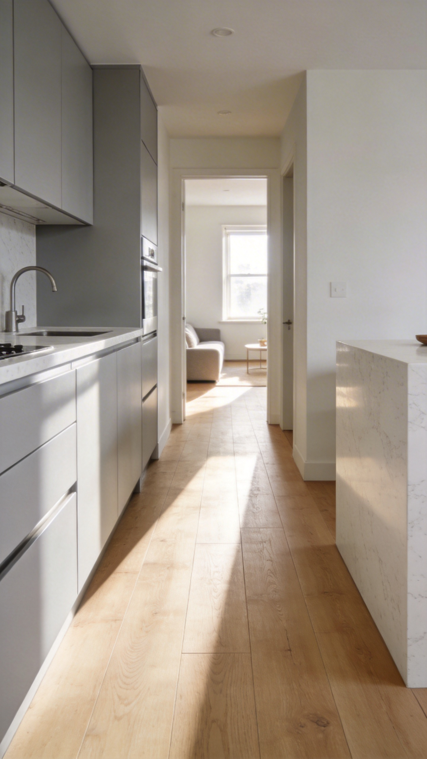 A bright small kitchen featuring continuous light oak hardwood flooring that transitions seamlessly into a living room to create a sense of open space.