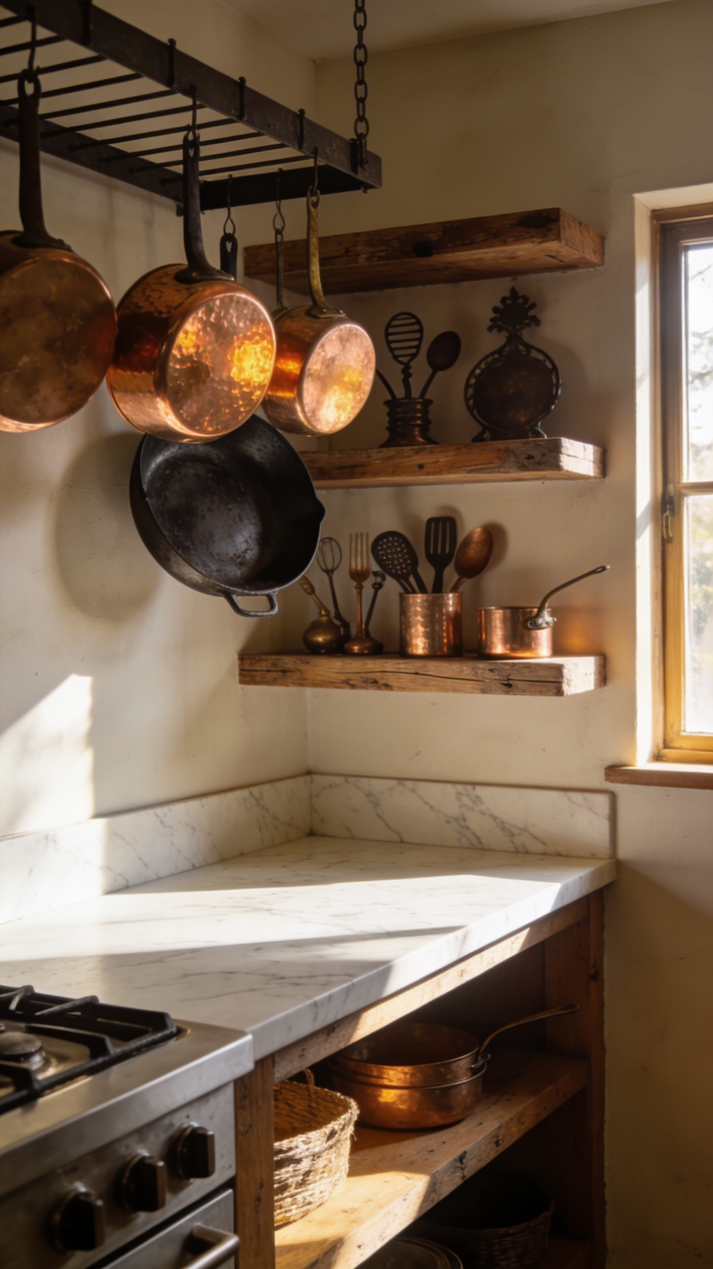 A small kitchen with copper pots and a cast iron skillet hanging as decorative elements on a wooden wall.