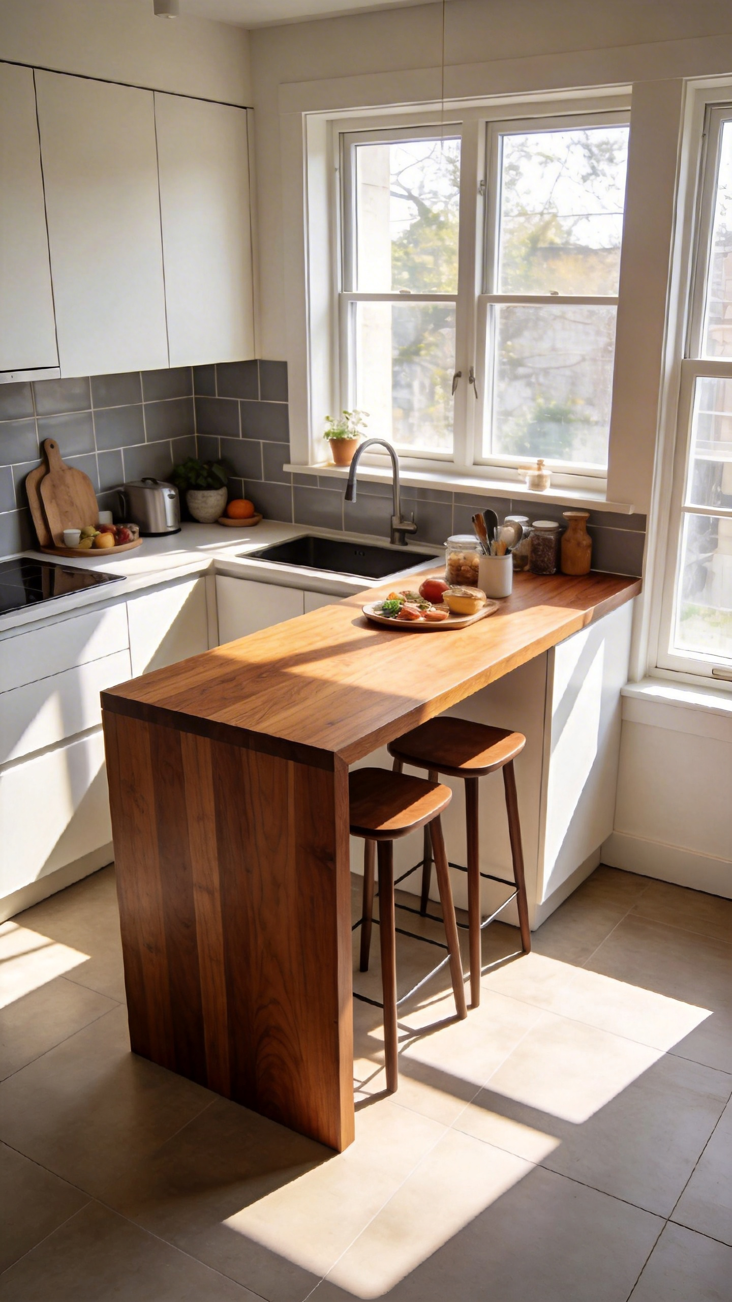 A modern small kitchen design showcasing a multifunctional custom wood island used for both food preparation and dining.