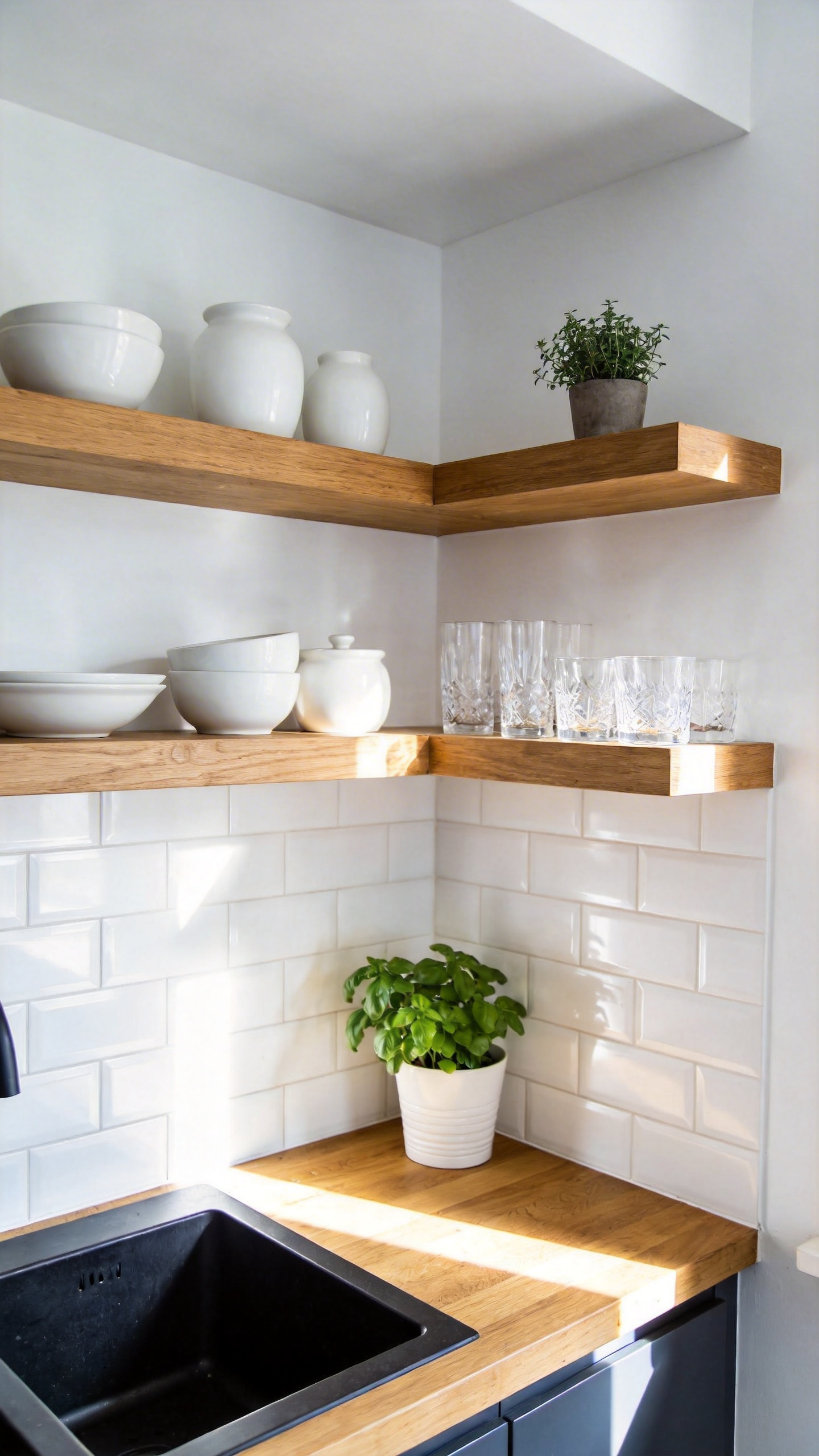 A small kitchen interior featuring minimalist wooden floating shelves decorated with white dishes and a small green plant on a white wall.