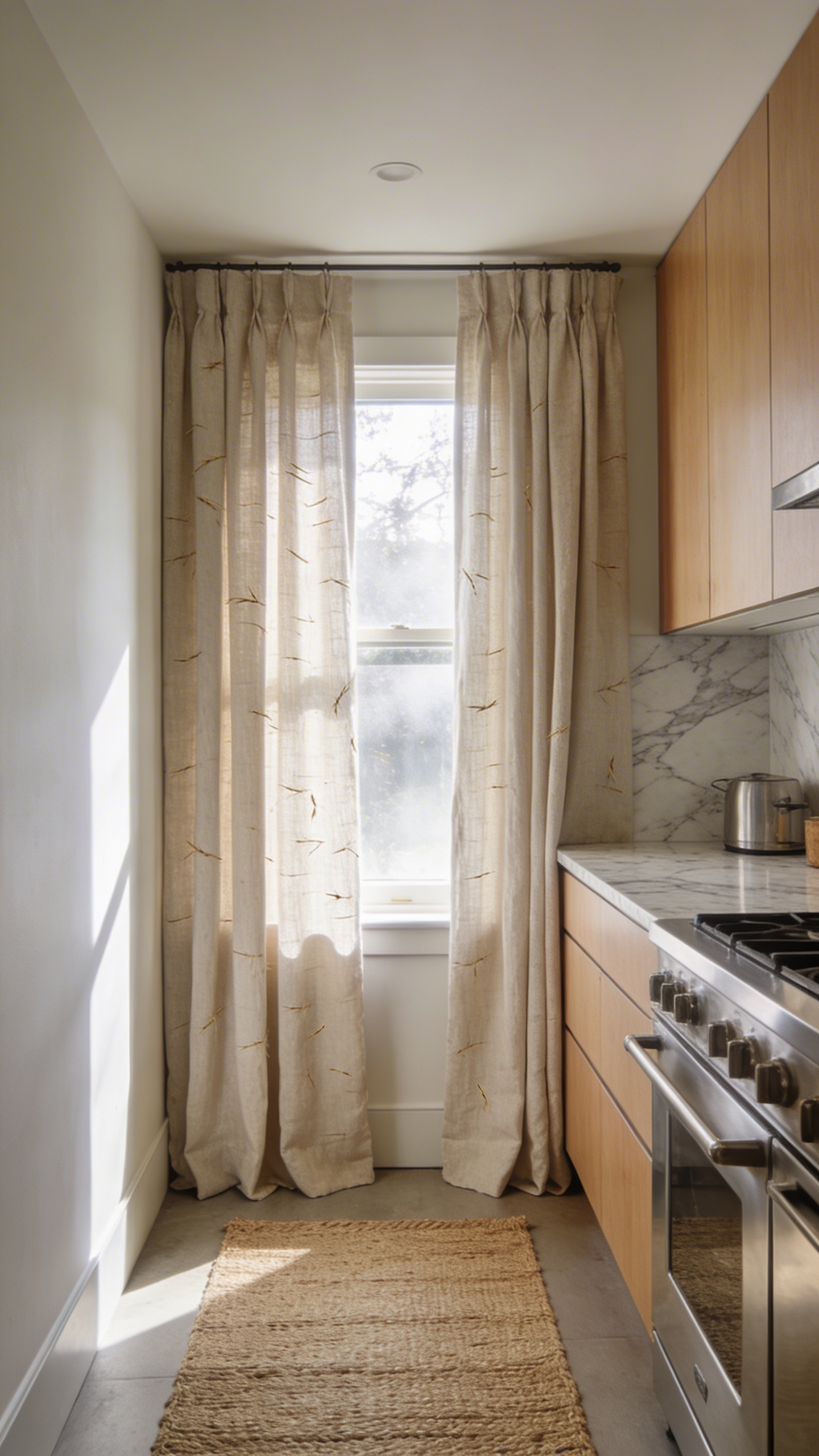 A small kitchen featuring textured linen curtains and natural wood accents to create a soft acoustic environment.