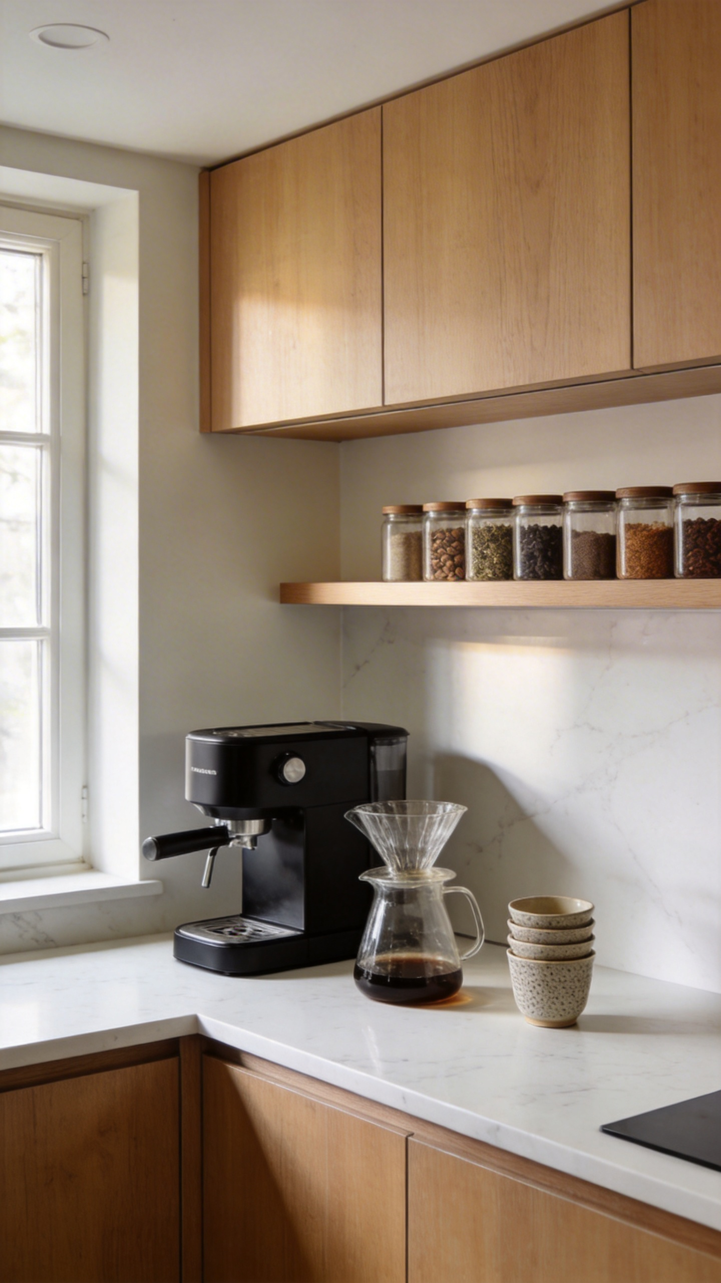 A bright and organized small kitchen featuring a minimalist coffee station and light wood cabinets under natural morning light.
