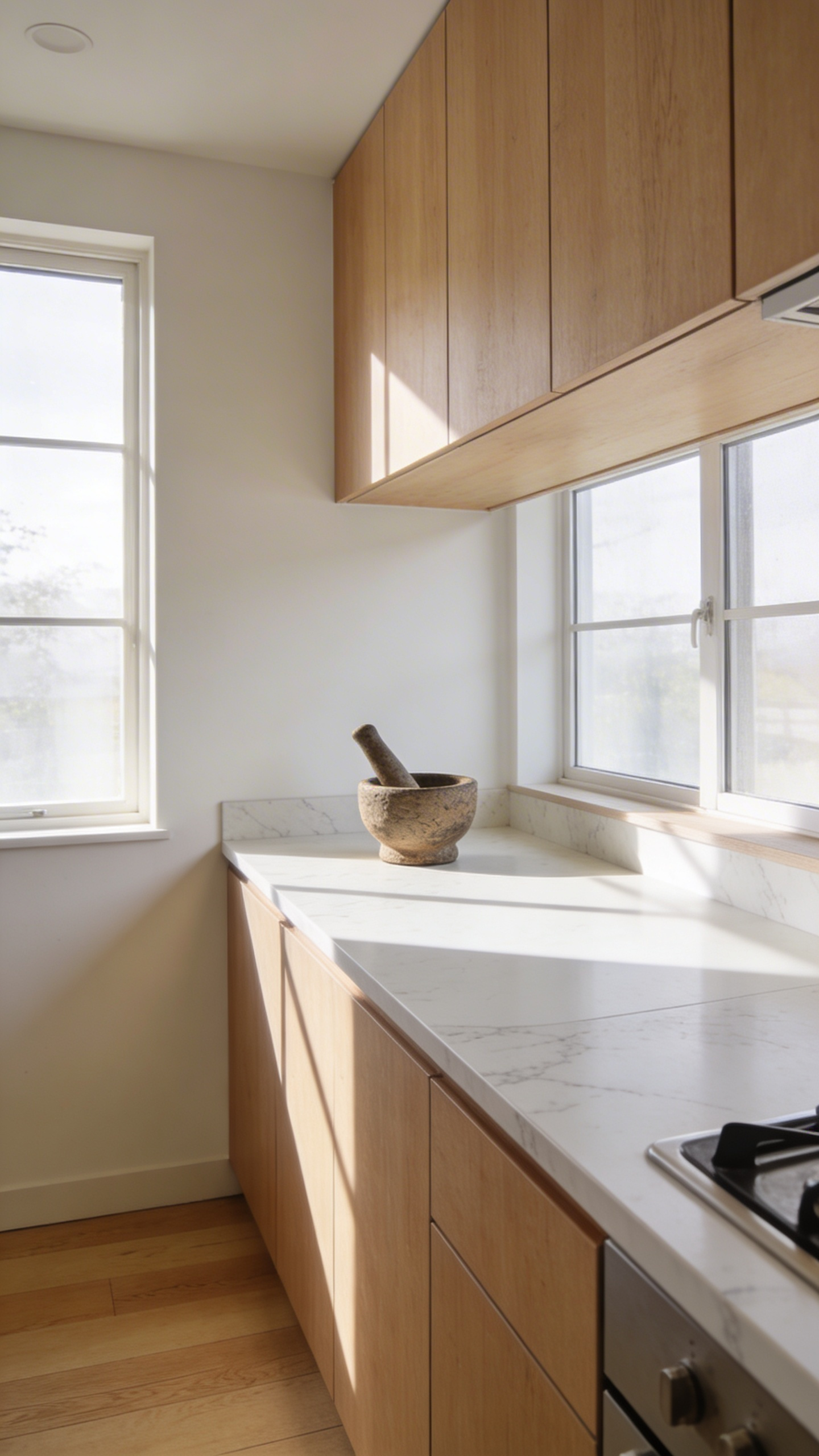 A minimalist small kitchen design featuring light wood cabinets and an open white marble countertop with a single stone mortar and pestle.