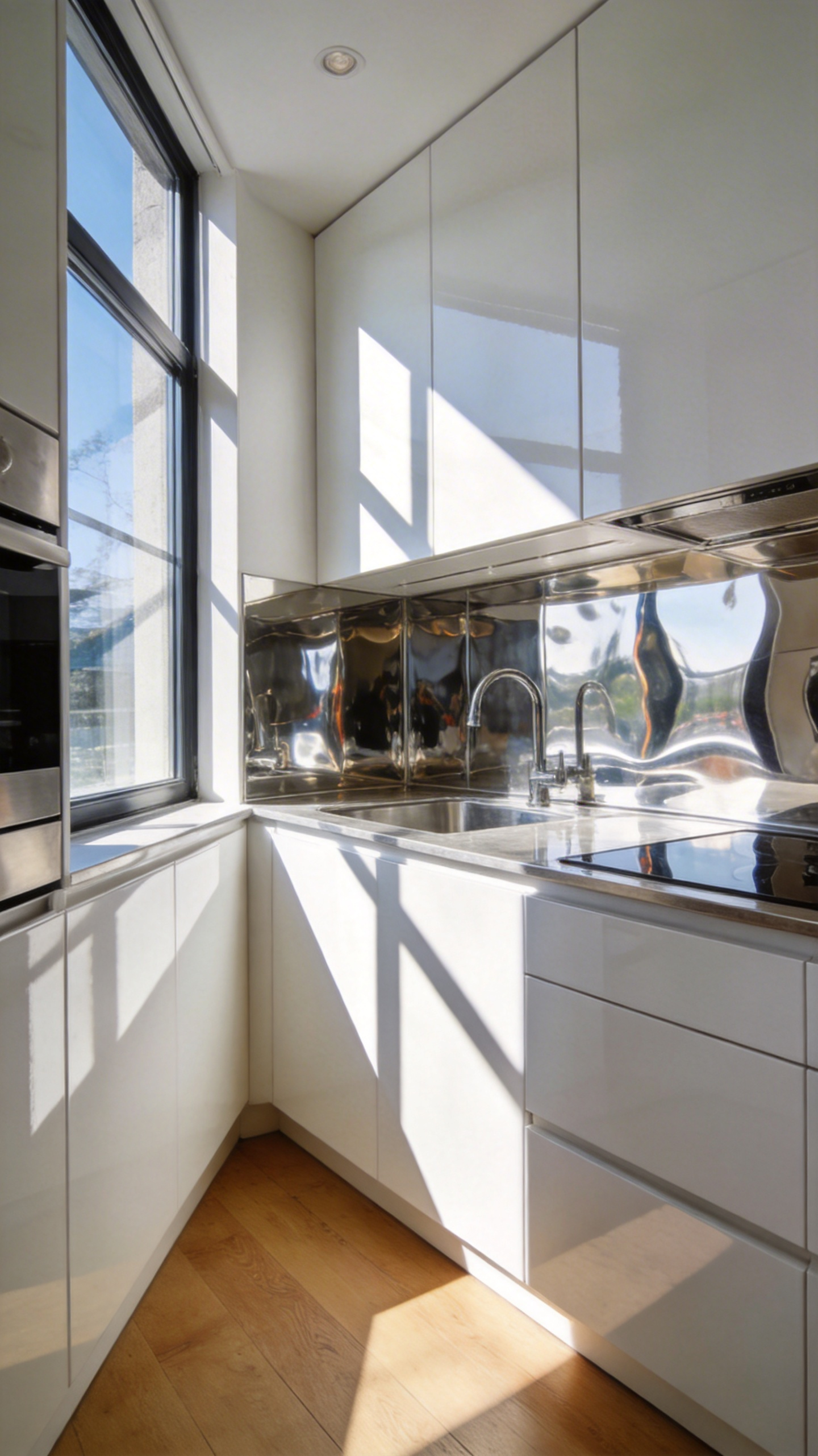 A compact modern kitchen utilizing natural light and high-contrast shadows on white cabinets and stainless steel surfaces to expand the perception of space.