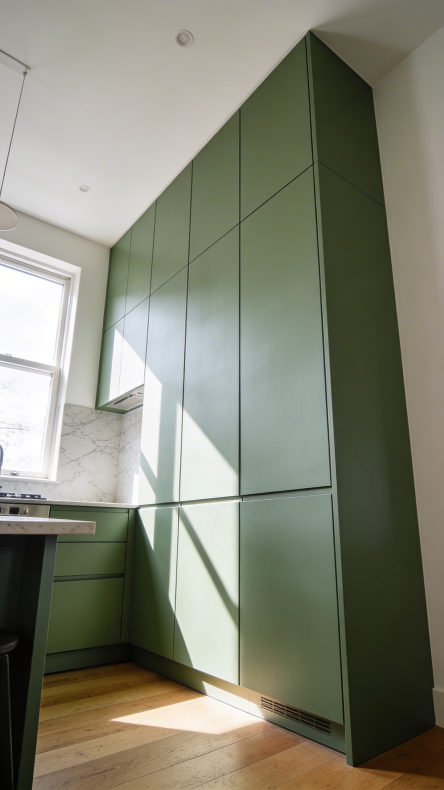 A small modern kitchen with seamless floor-to-ceiling green cabinets that create a monolithic wall to make the ceiling look higher.