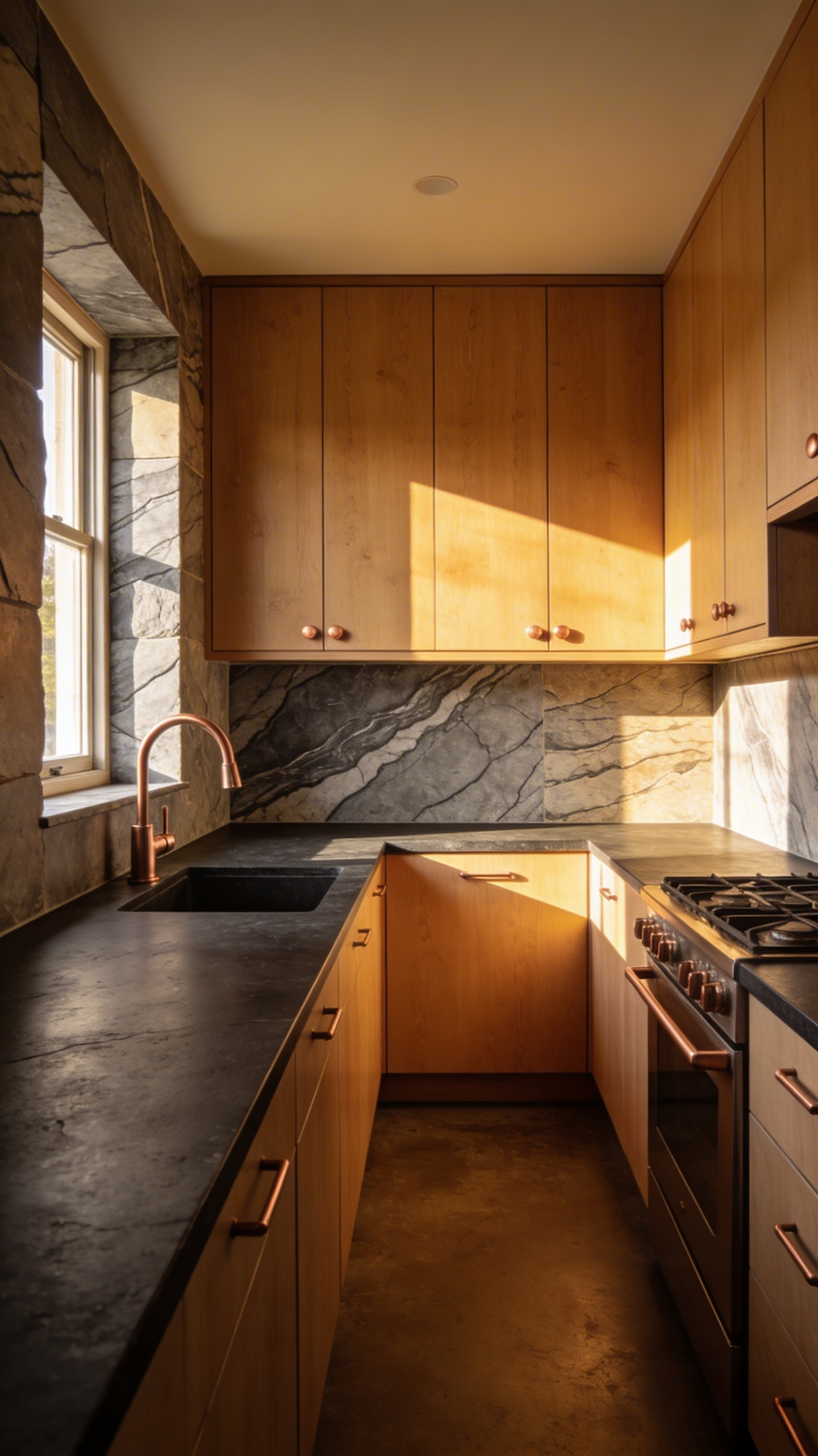 A compact kitchen design featuring rich soapstone countertops and light wood cabinetry illuminated by natural sunlight.