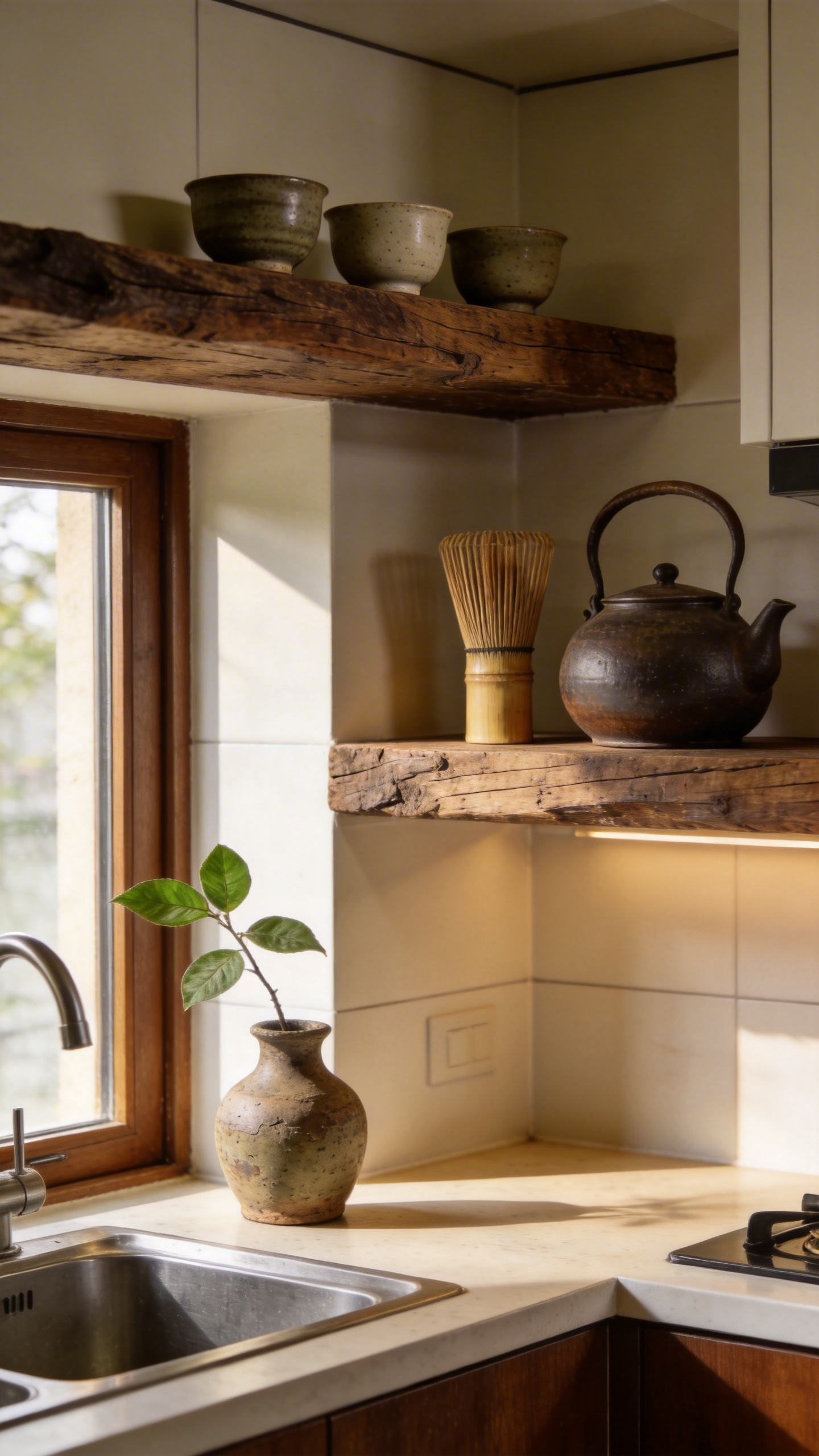 A cozy tea corner in a small kitchen featuring rough wood shelves and stoneware vessels in a wabi-sabi style.