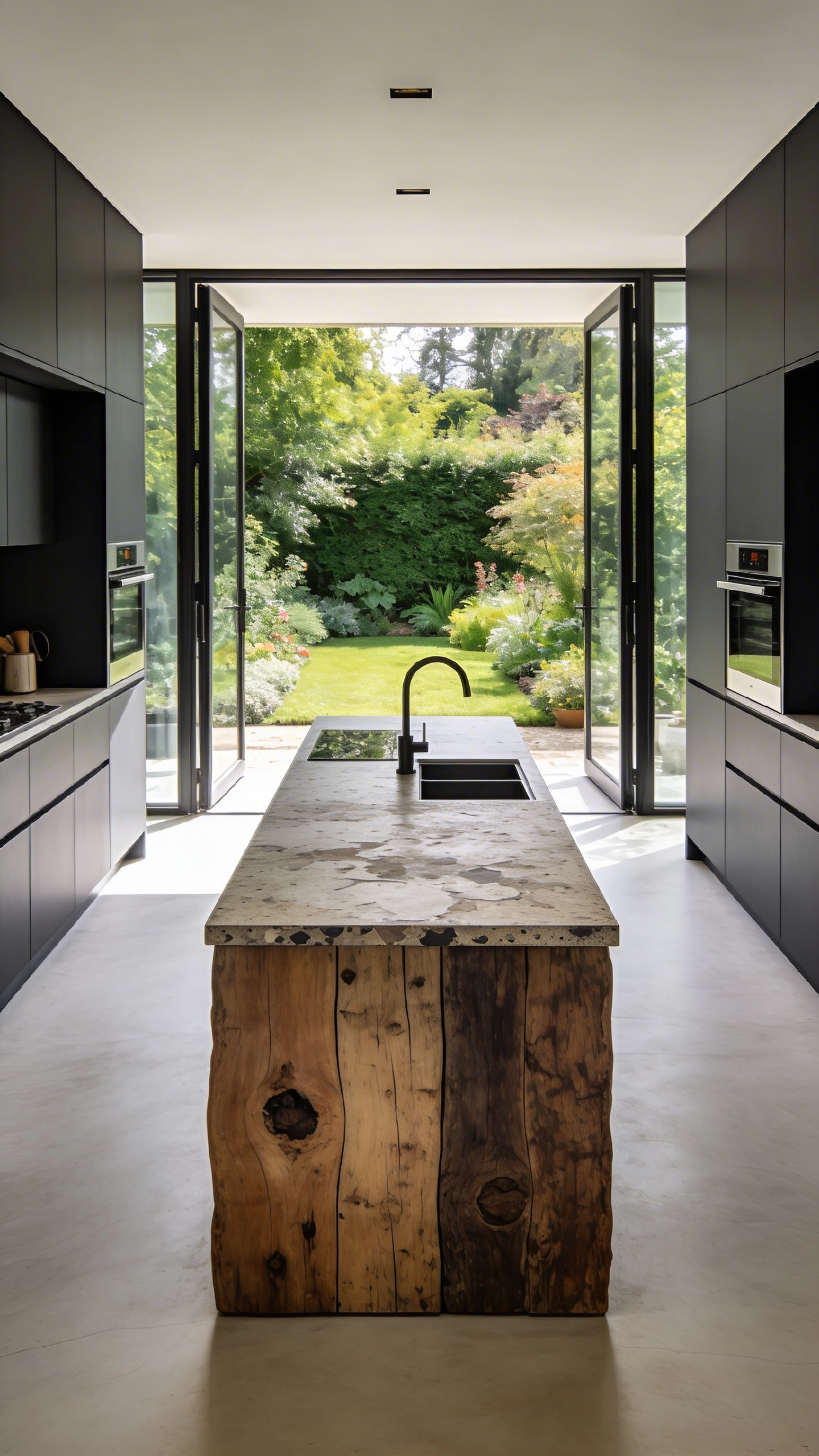 A bright and luxurious modern kitchen featuring a reclaimed wood island and sustainable building materials.