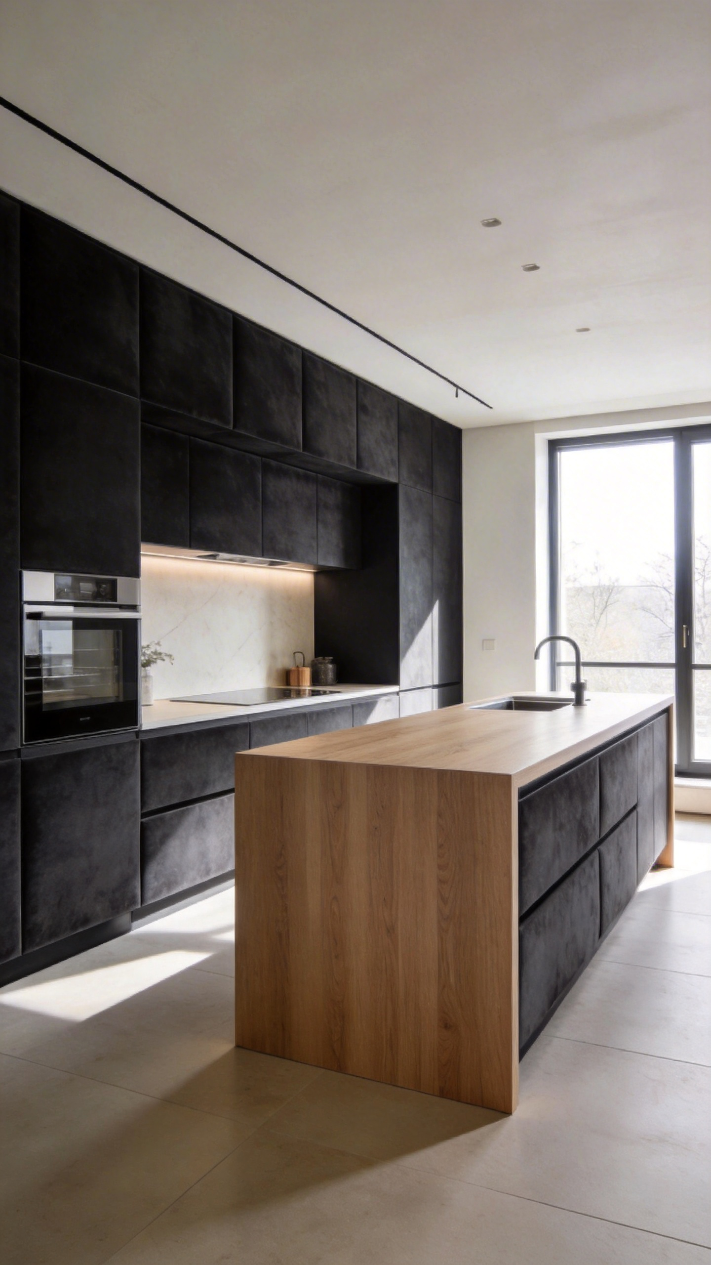 A full view of a modern kitchen renovation featuring fingerprint-resistant super-matte cabinetry and a minimalist design under soft natural light.