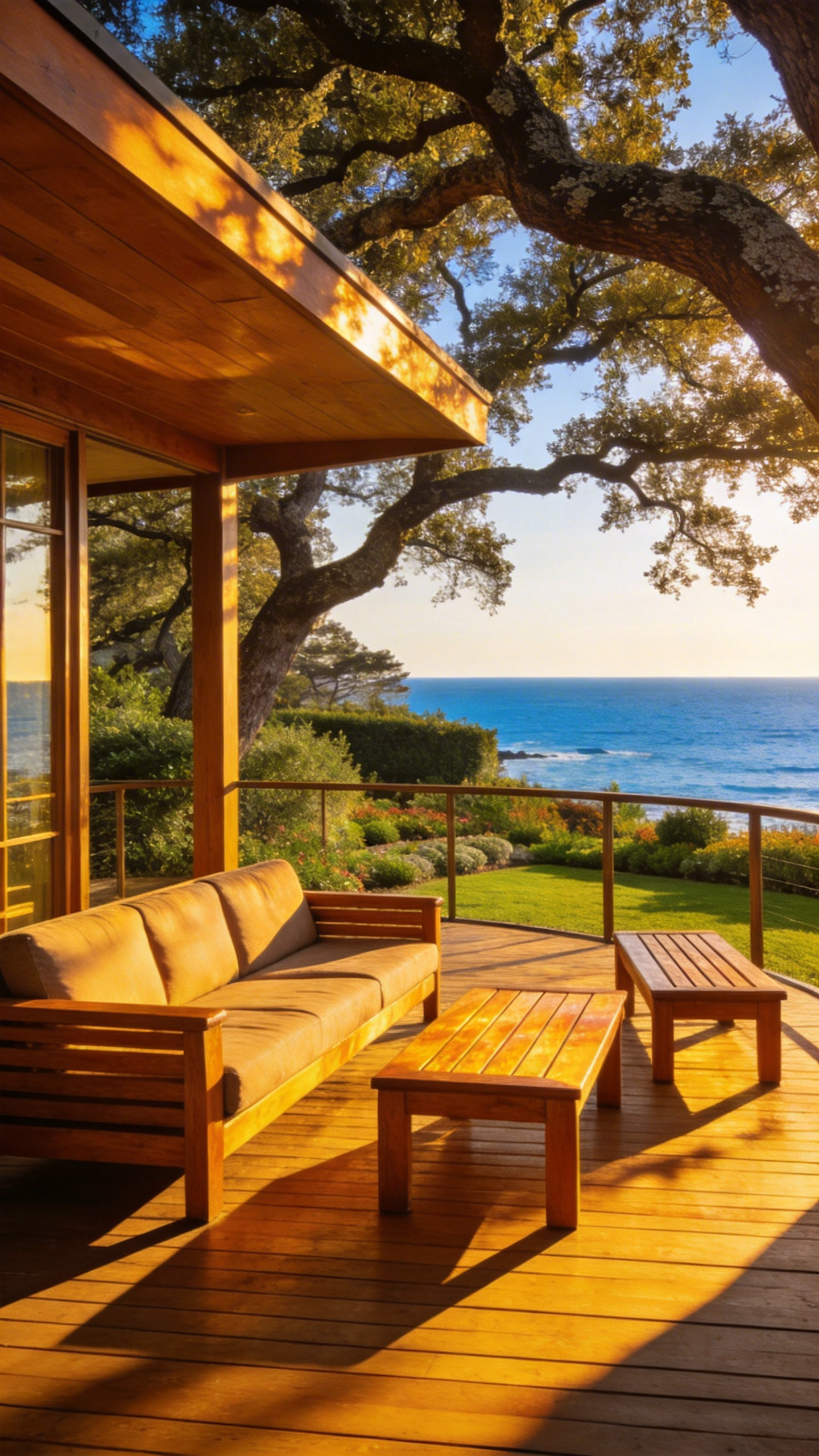 Luxury teak wood furniture including a bench and sofa arranged on a spacious wooden porch overlooking a garden and ocean at sunset.
