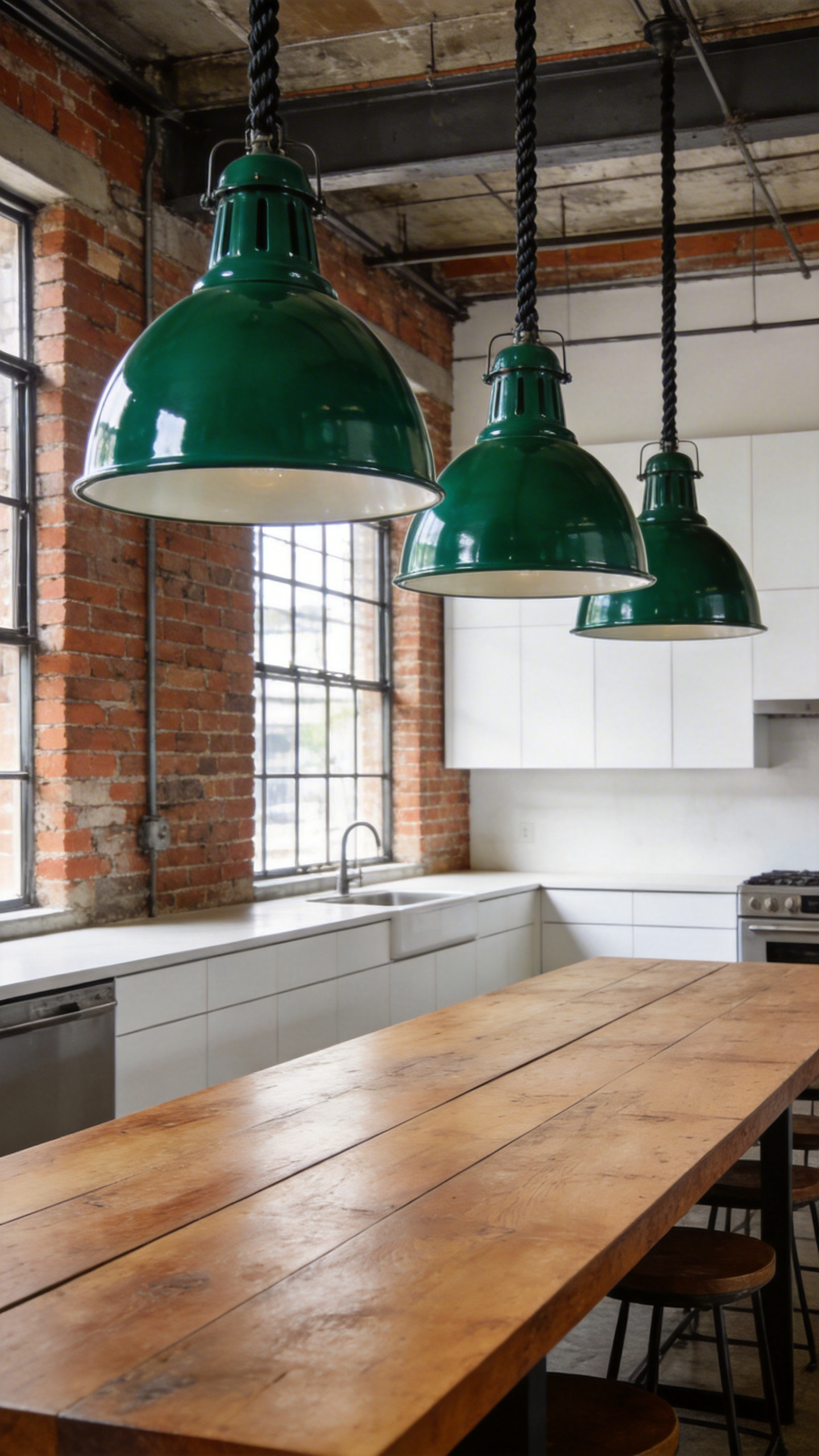 Three green vitreous enamel factory dome pendant lights hanging in a modern industrial kitchen with exposed brick and large windows.