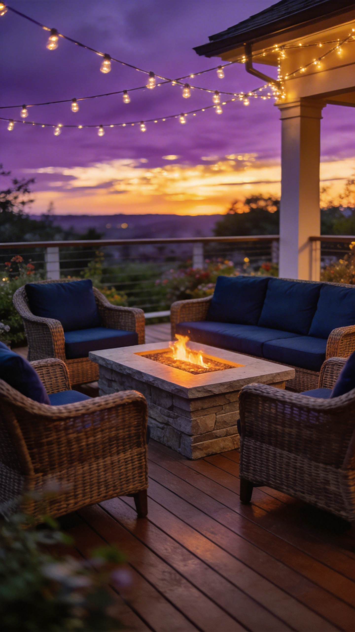 An evening view of a porch with navy blue outdoor furniture arranged in a U-shape around a central fire pit under warm string lights.