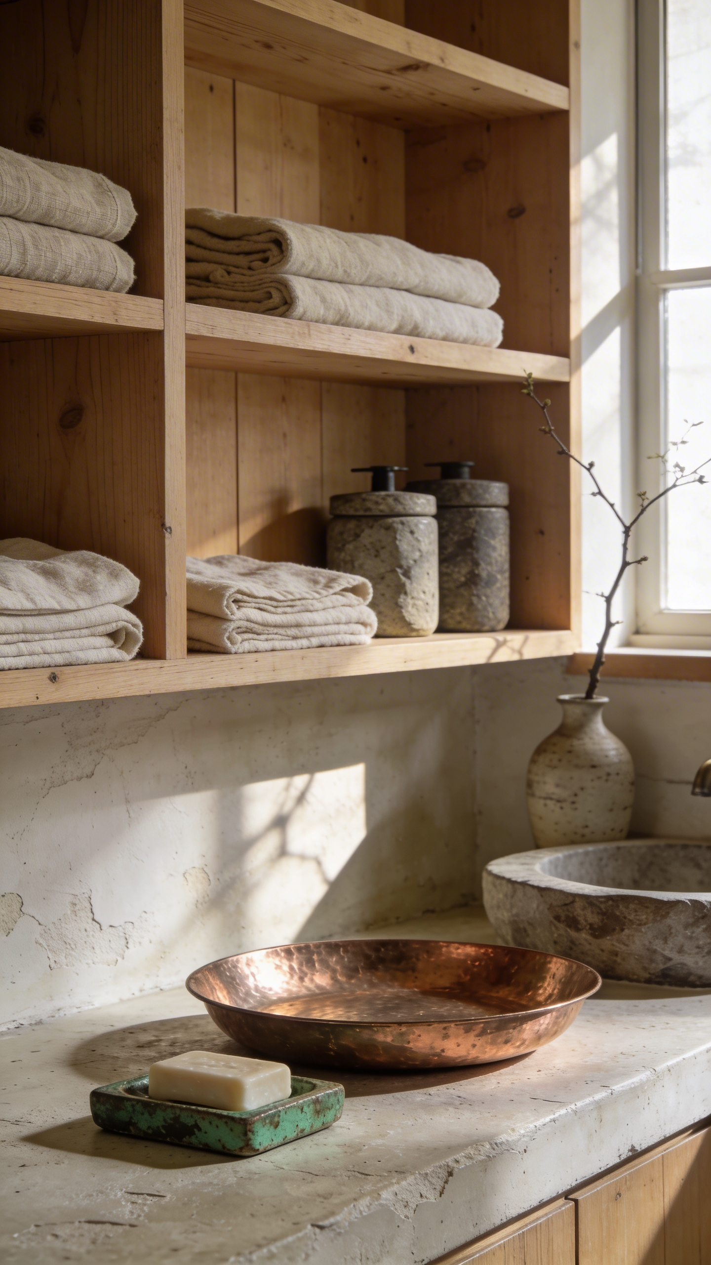 A wide shot of a wabi-sabi bathroom featuring Hinoki wood shelves and copper storage accessories with a natural aged patina.