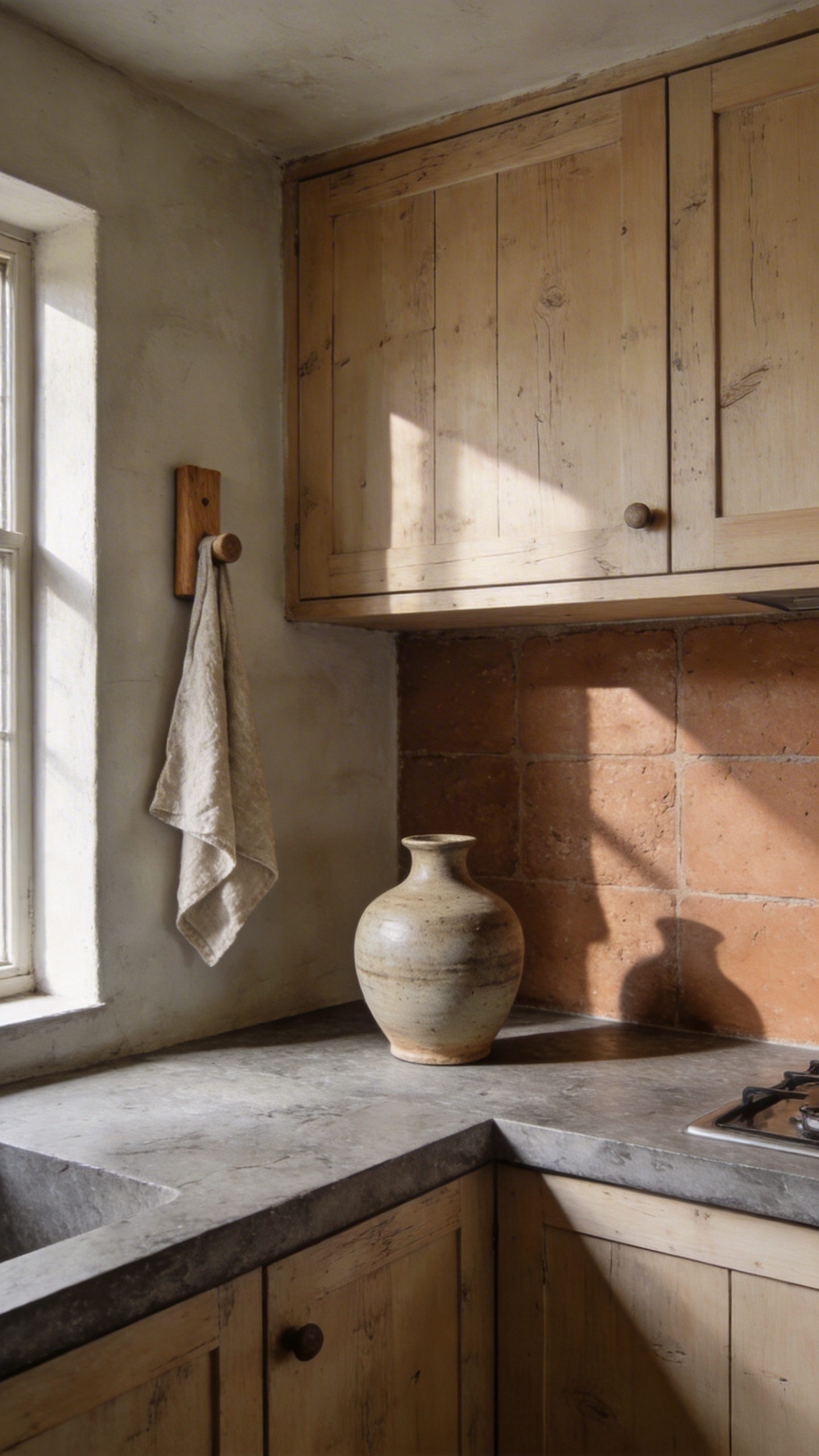 A small kitchen interior featuring Wabi-Sabi decor with matte plaster walls, reclaimed wood cabinets, and natural stone textures under soft daylight.