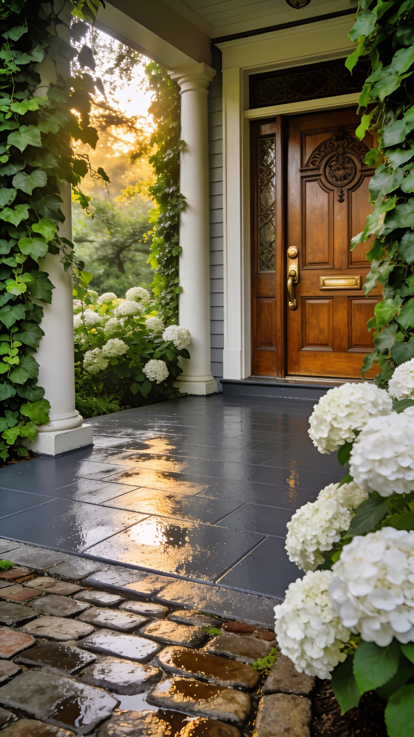 A professionally painted slate grey porch floor with an anti-slip finish on a traditional British home following a rain shower.