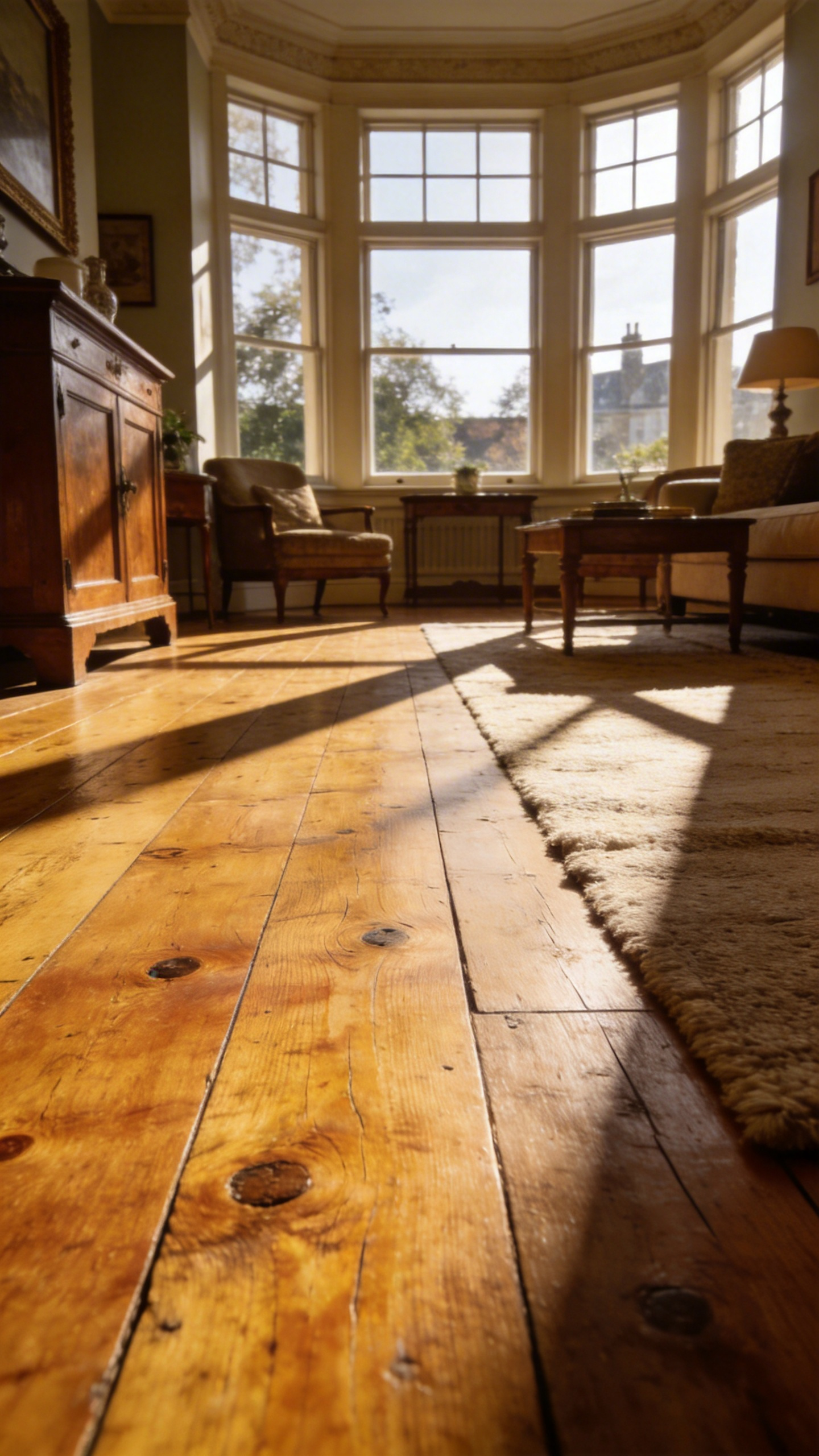 A sun-drenched living room featuring wide-plank aged oak flooring with a natural golden patina and visible wood grain.