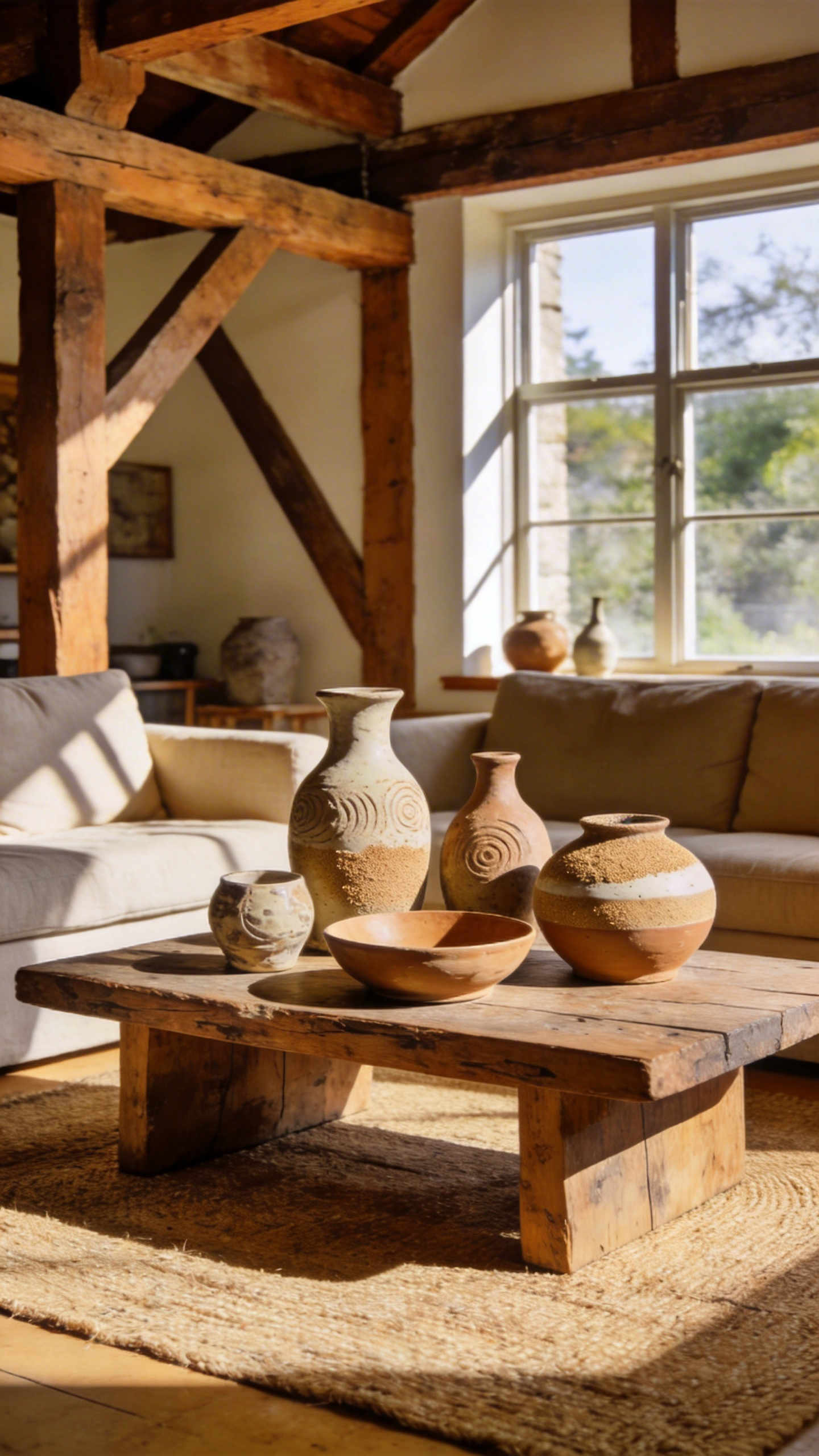 A warm rustic living room featuring a collection of handmade earth-fired ceramic vases and bowls on a reclaimed wood table under soft natural light.