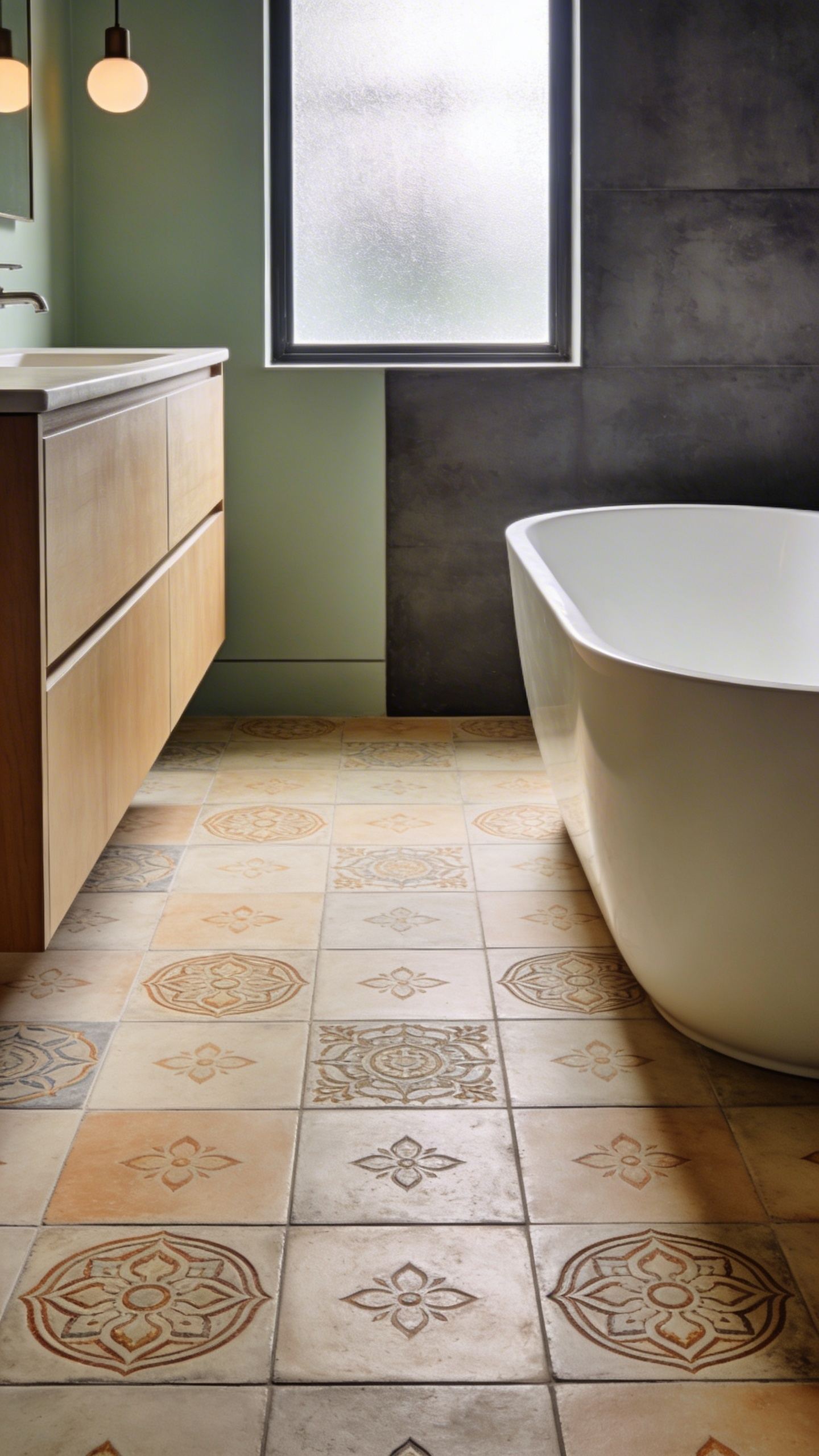 A serene luxury bathroom featuring hand-poured encaustic tile flooring in subdued tones with a freestanding bathtub.