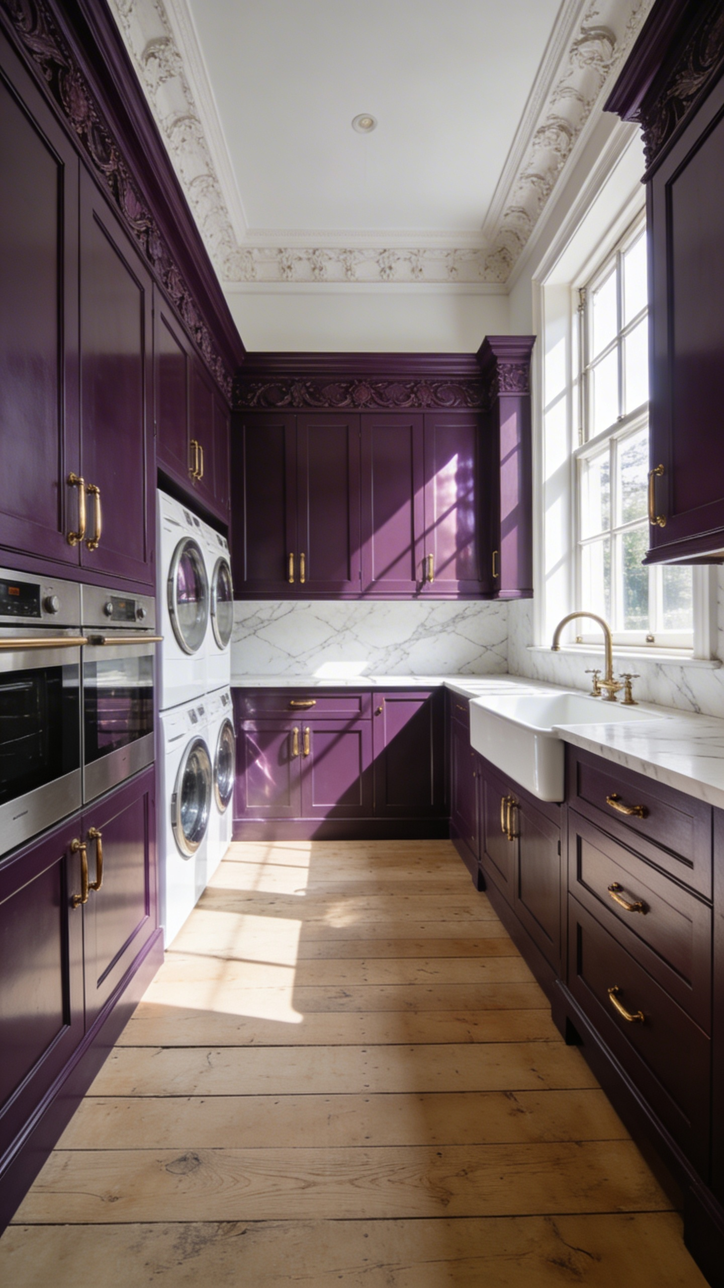 A luxury laundry room with bespoke cabinetry painted in deep aubergine and brinjal purple with brass hardware and marble countertops.