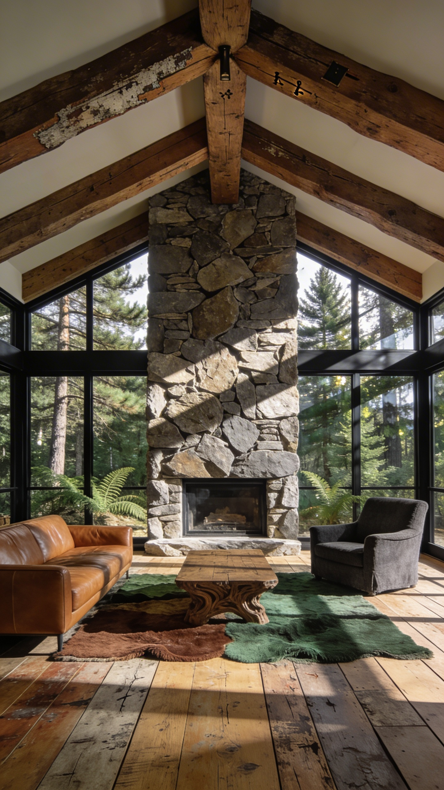 A high-end rustic living room featuring massive exposed wood beams, a large stone fireplace, and views of a forest through large windows.