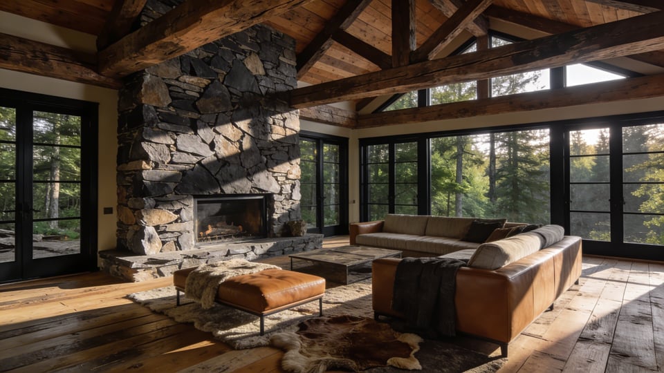 A high-end rustic living room featuring massive exposed wood beams, a large stone fireplace, and views of a forest through large windows.