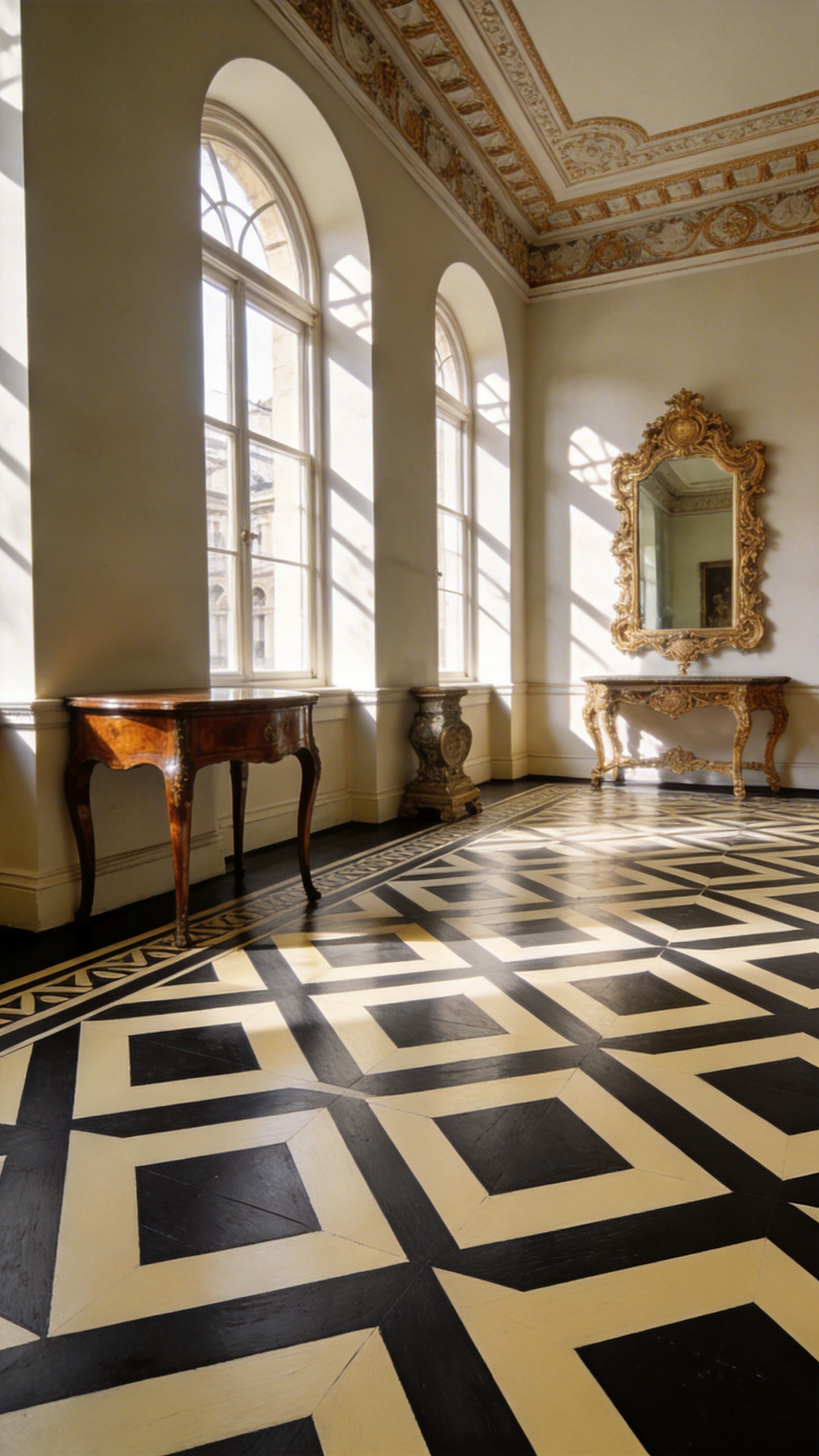A grand living room featuring bespoke painted floorboards with a bold geometric pattern framing a collection of antique furniture.