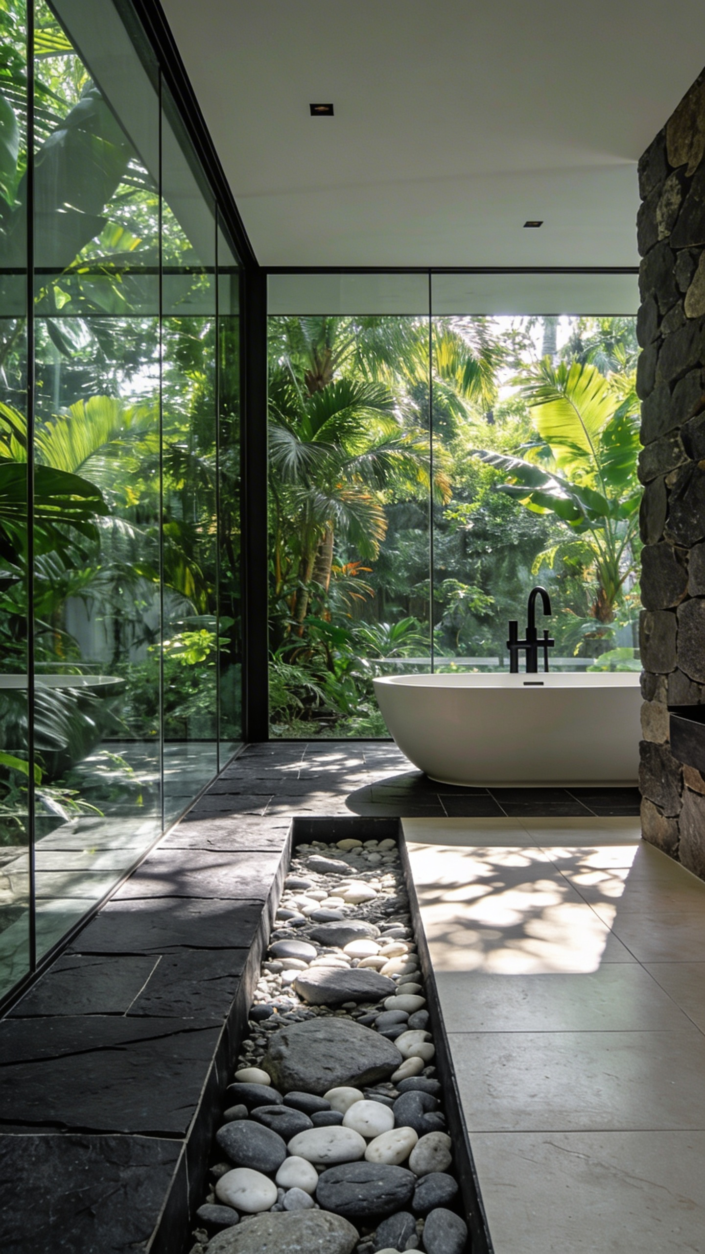 A modern bathroom floor with charcoal slate tiles transitioning into a recessed pebble moat border next to a large glass wall viewing a garden.