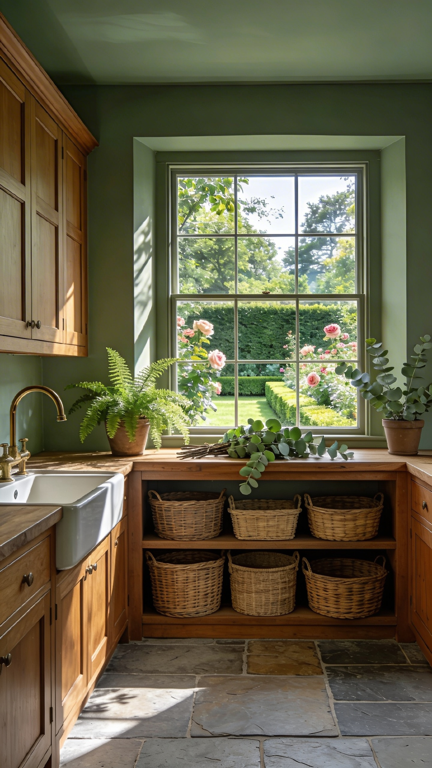 A bright laundry and boot room featuring deep olive green cabinets, slate floors, and a large window overlooking a lush green garden.