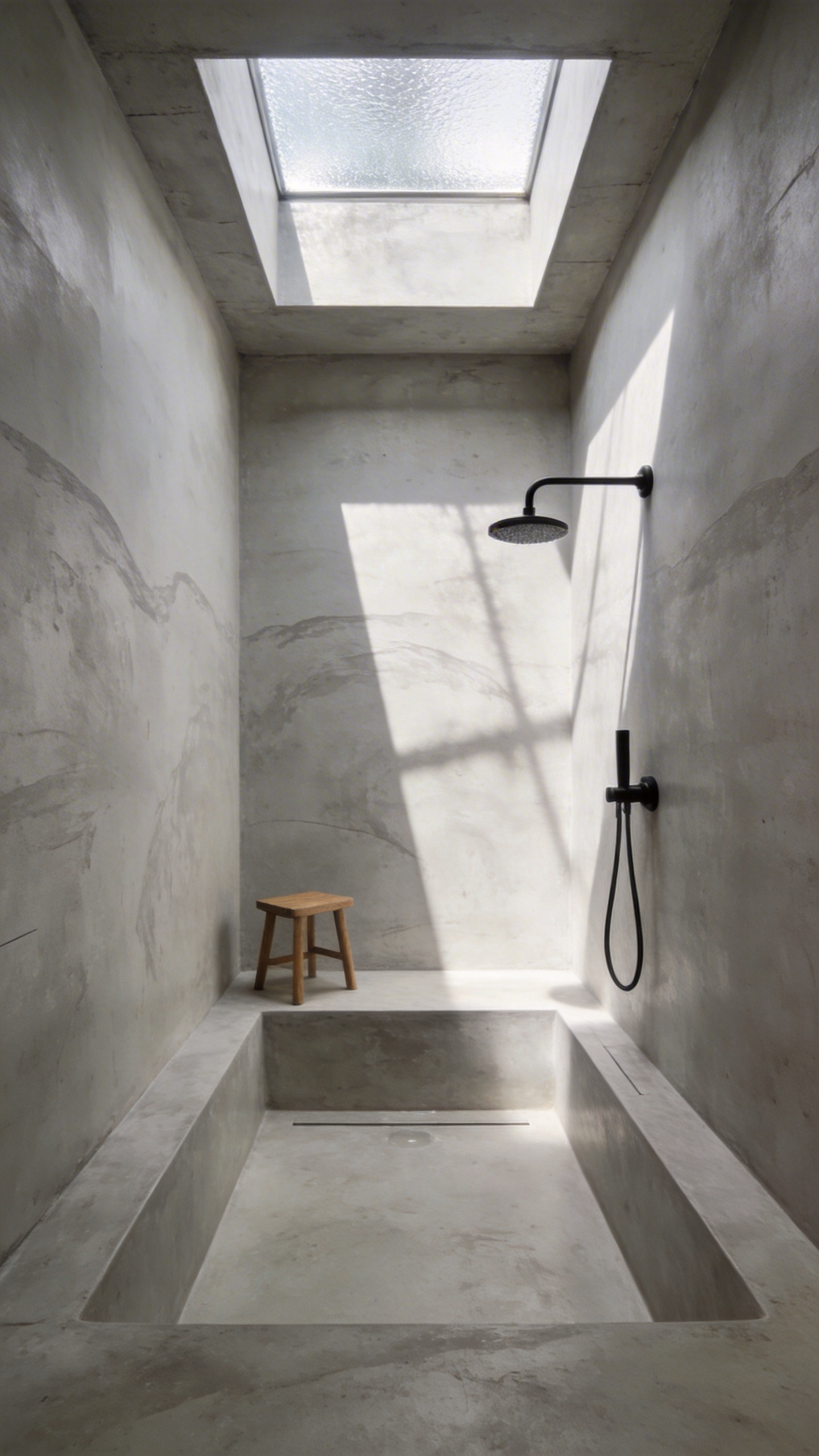 A modern minimalist bathroom featuring seamless grey microcement floors and walls in an integrated wet room design.