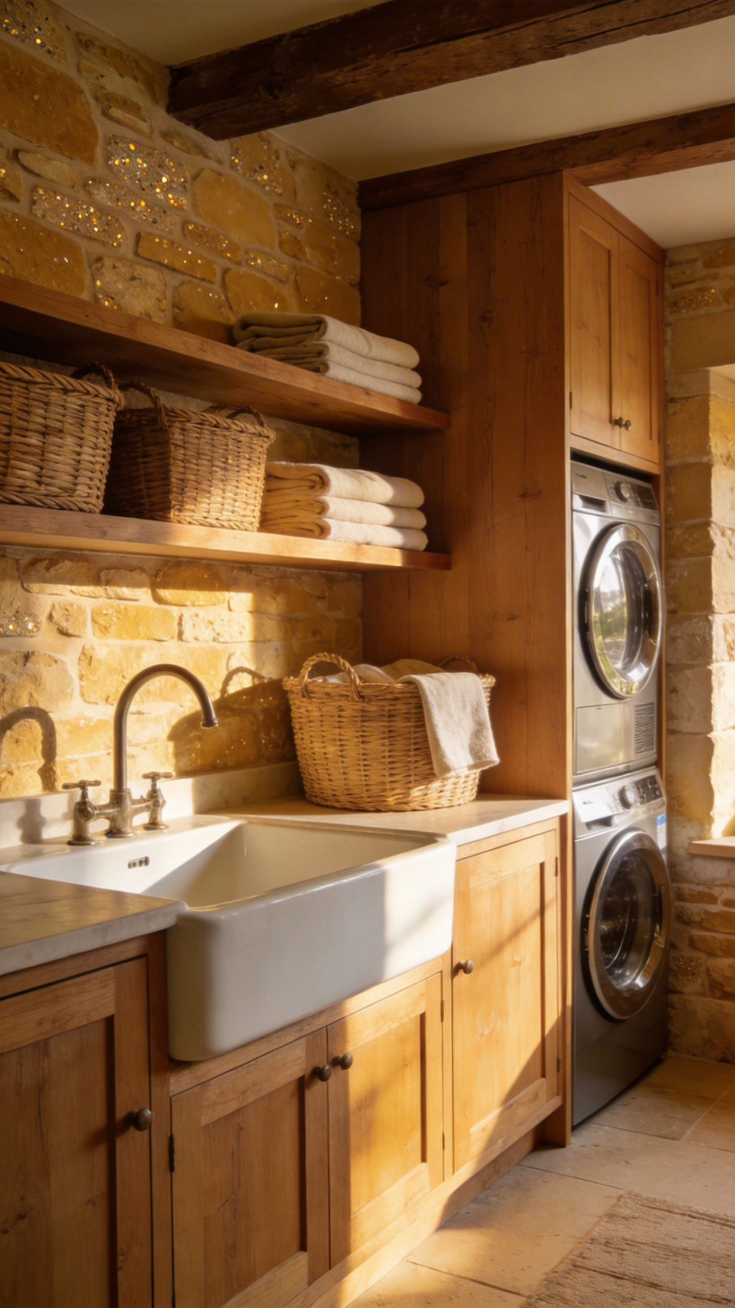 A cozy and sophisticated laundry room featuring warm Cotswold stone colored walls, light oak cabinetry, and a farmhouse sink.