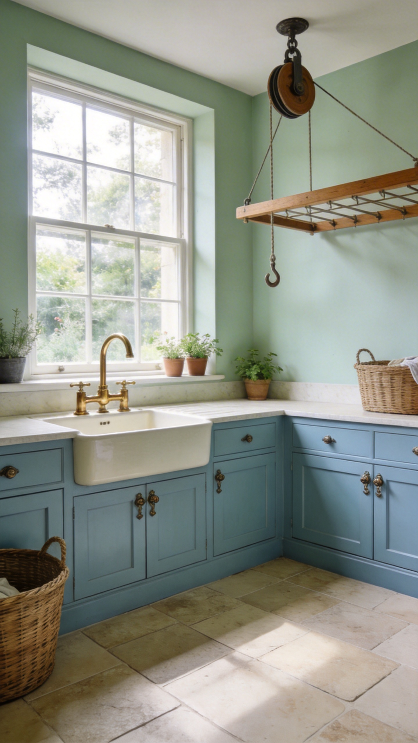 A bright and airy country house laundry room featuring pastel sage green walls, Edwardian-style cabinetry, and a large window with natural light.