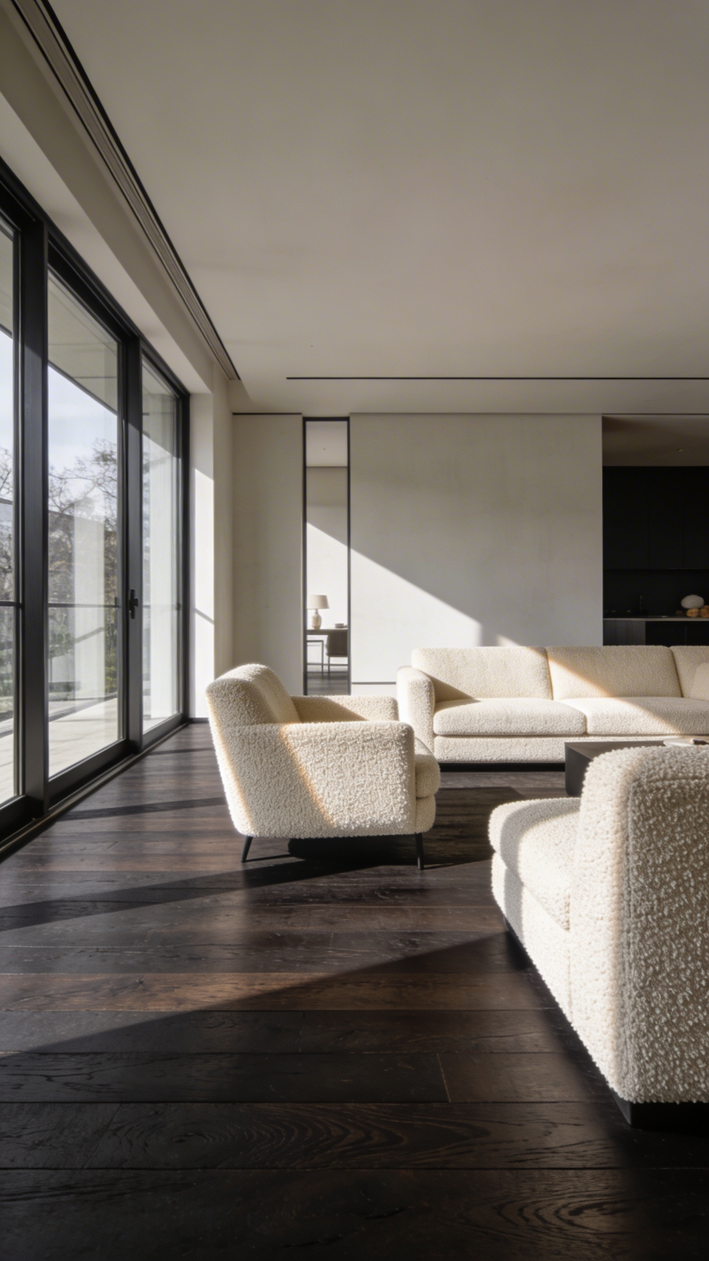 A luxurious living room featuring dark heritage fumed oak wood flooring contrasted with light cream-colored bouclé upholstered modern furniture.