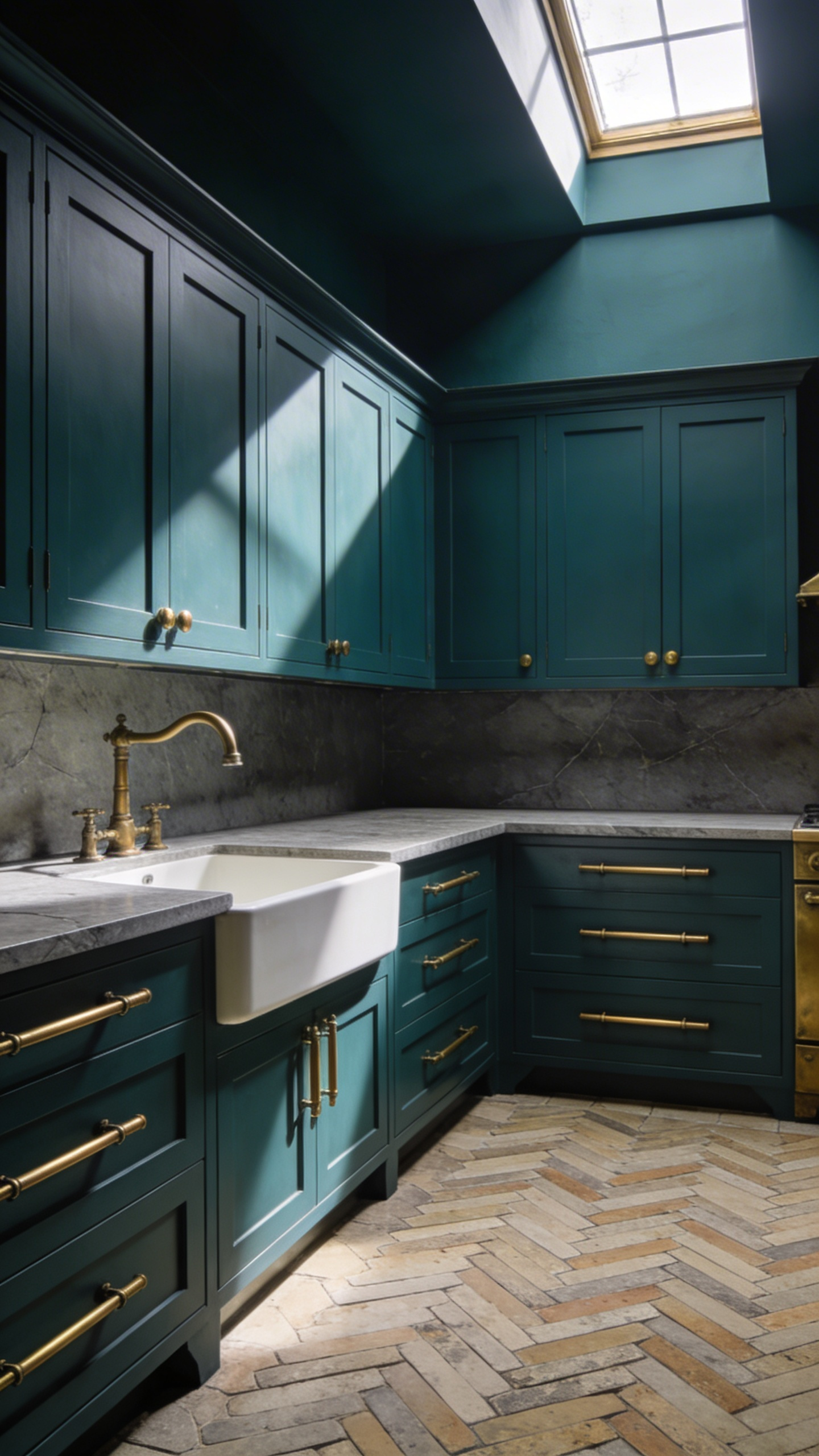 A luxury laundry room showcasing moody Deansgate Teal cabinetry accented with unlacquered brass hardware and historic stone flooring.