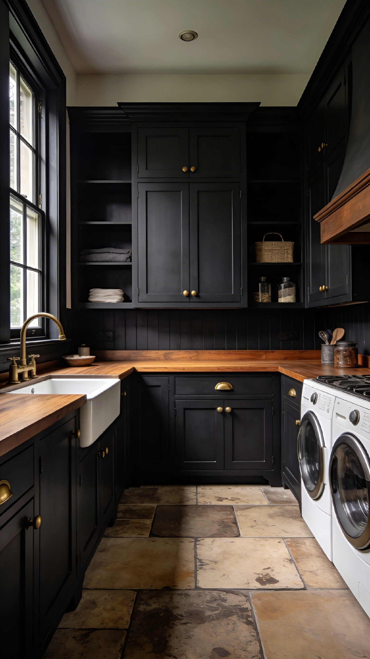 A sophisticated laundry room with deep charcoal Shaker cabinets and warm oak accents in a traditional English manor style.