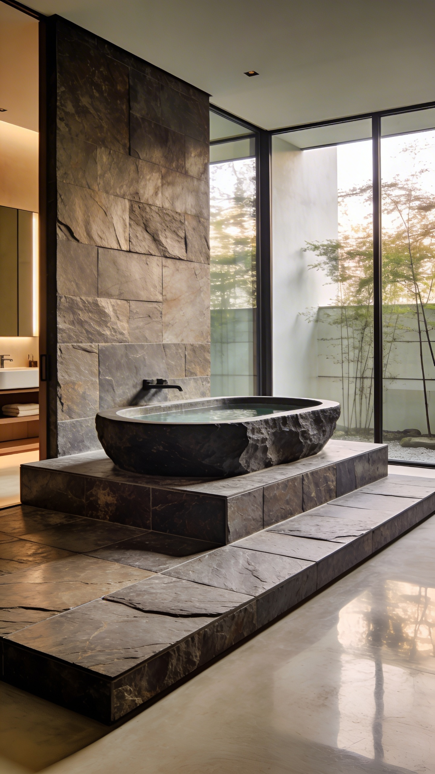 A modern luxury bathroom featuring a dark stone plunge tub on a raised slate tile platform with large windows and minimalist decor.