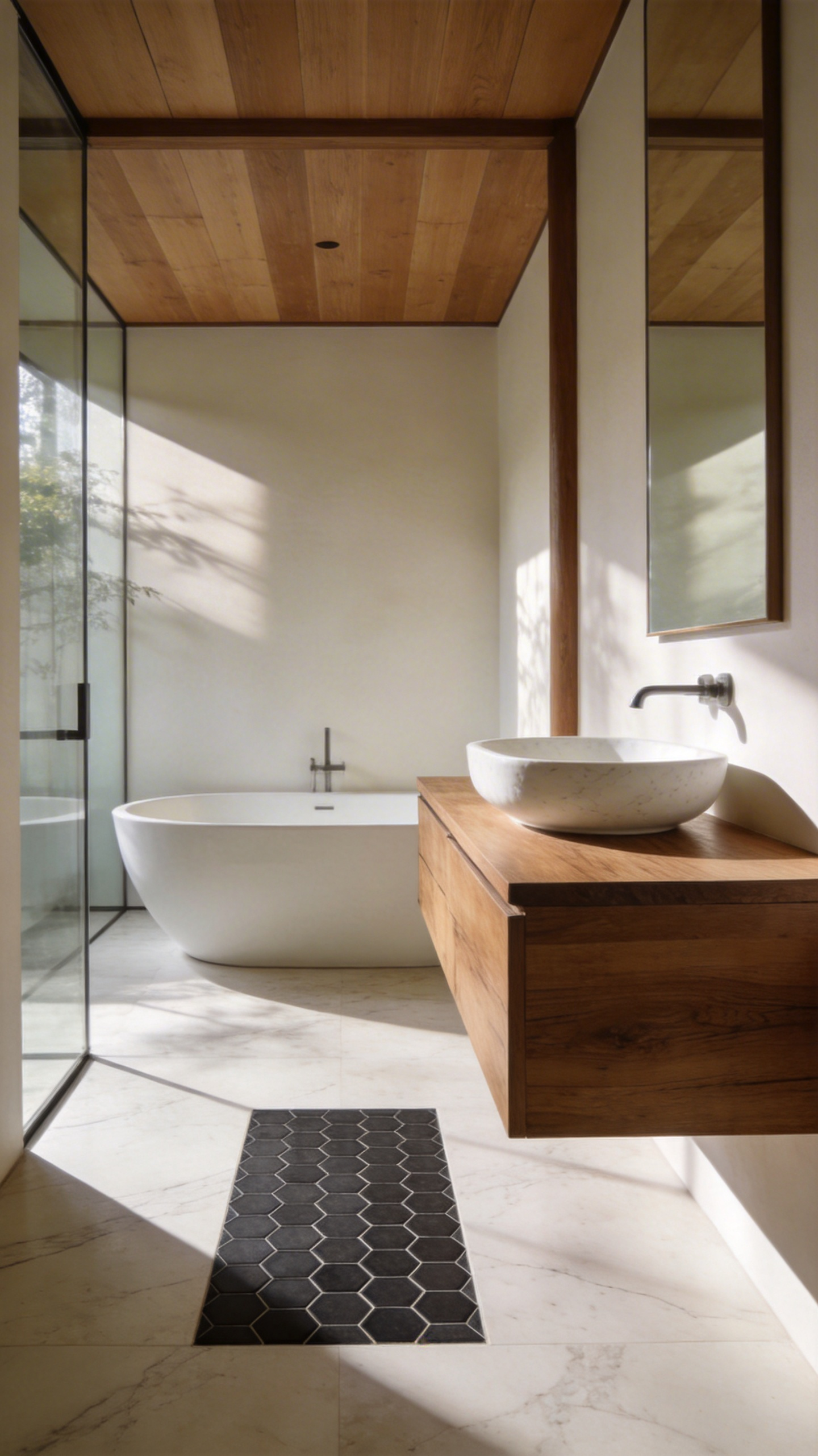 Modern bathroom featuring a floating wood vanity with a geometric tile floor inlay providing a visual anchor.