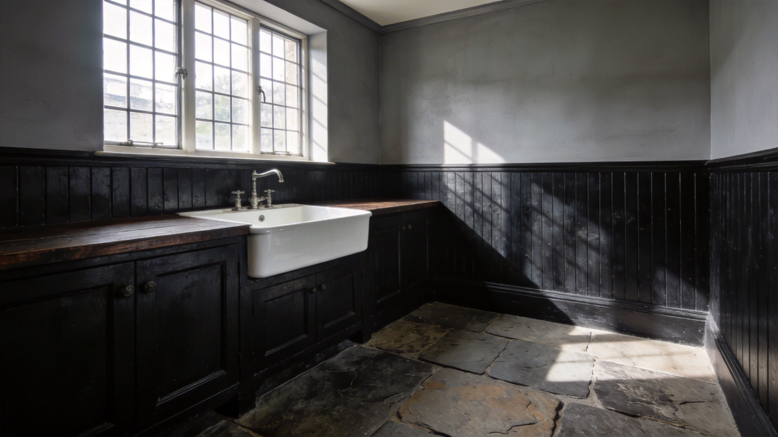 A moody and sophisticated laundry room featuring deep charcoal beadboard walls, a farmhouse sink, and slate floors inspired by historical Victorian scullery designs.