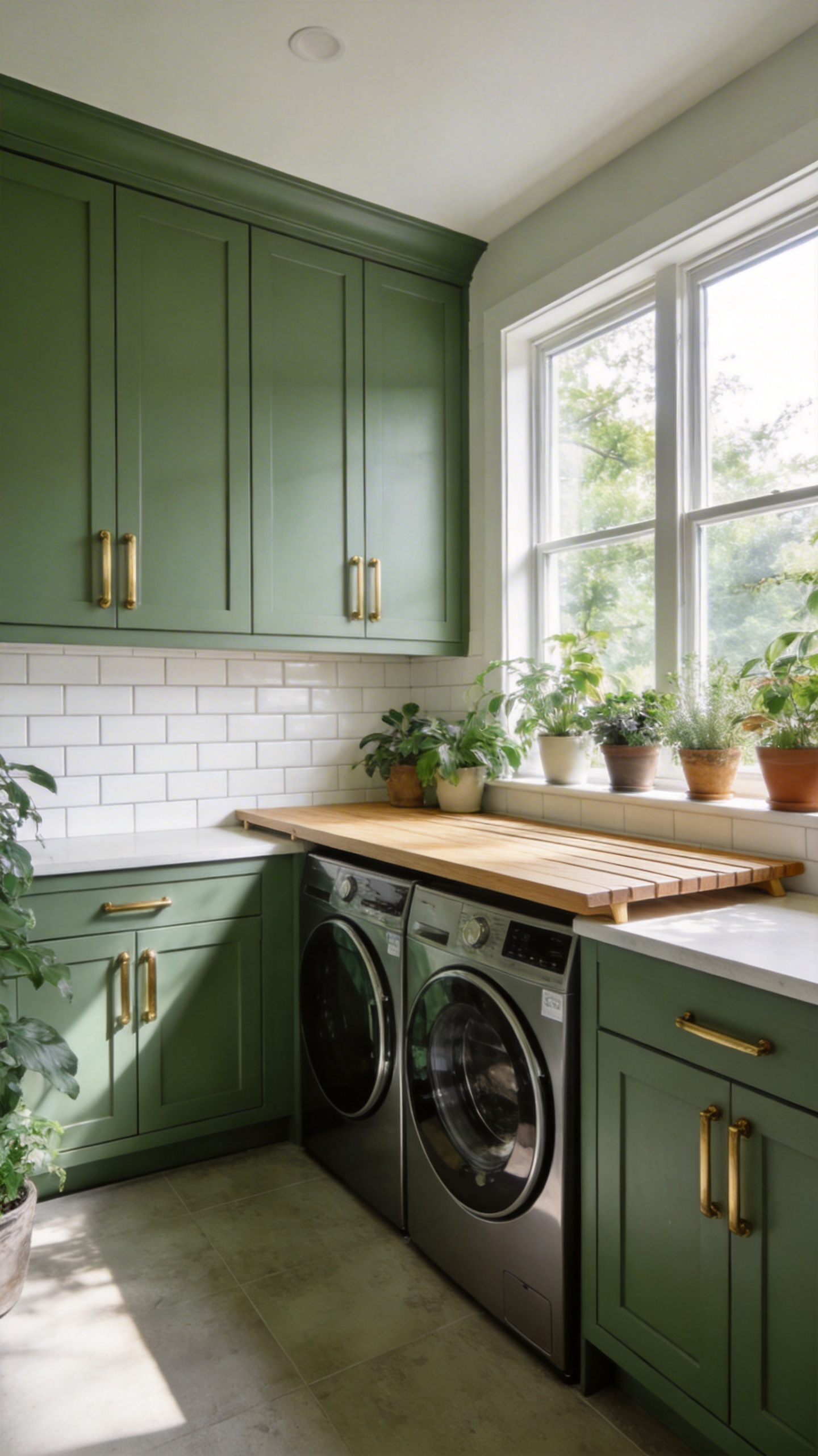 A beautifully designed laundry room featuring Heritage Sage green cabinetry, natural wood countertops, and soft natural lighting for a restorative atmosphere.