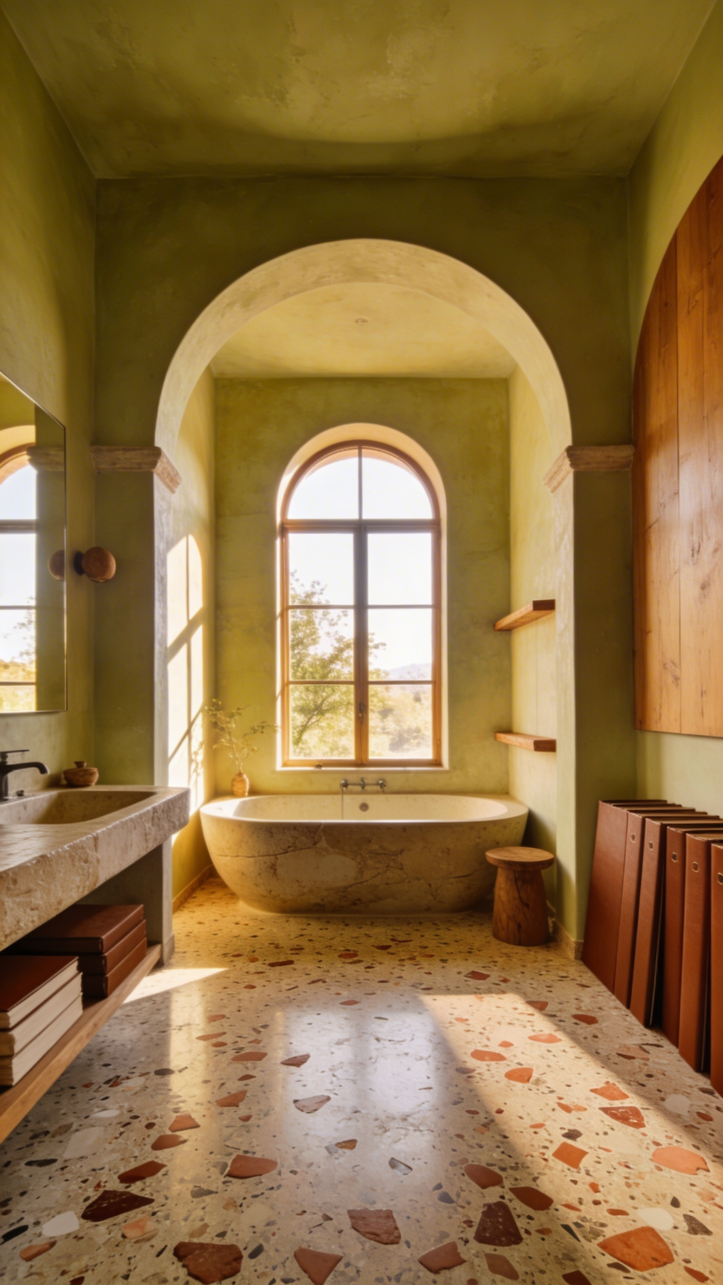 A luxurious bathroom with earth-toned Mediterranean honed terrazzo flooring and warm lime plaster walls in soft natural light.