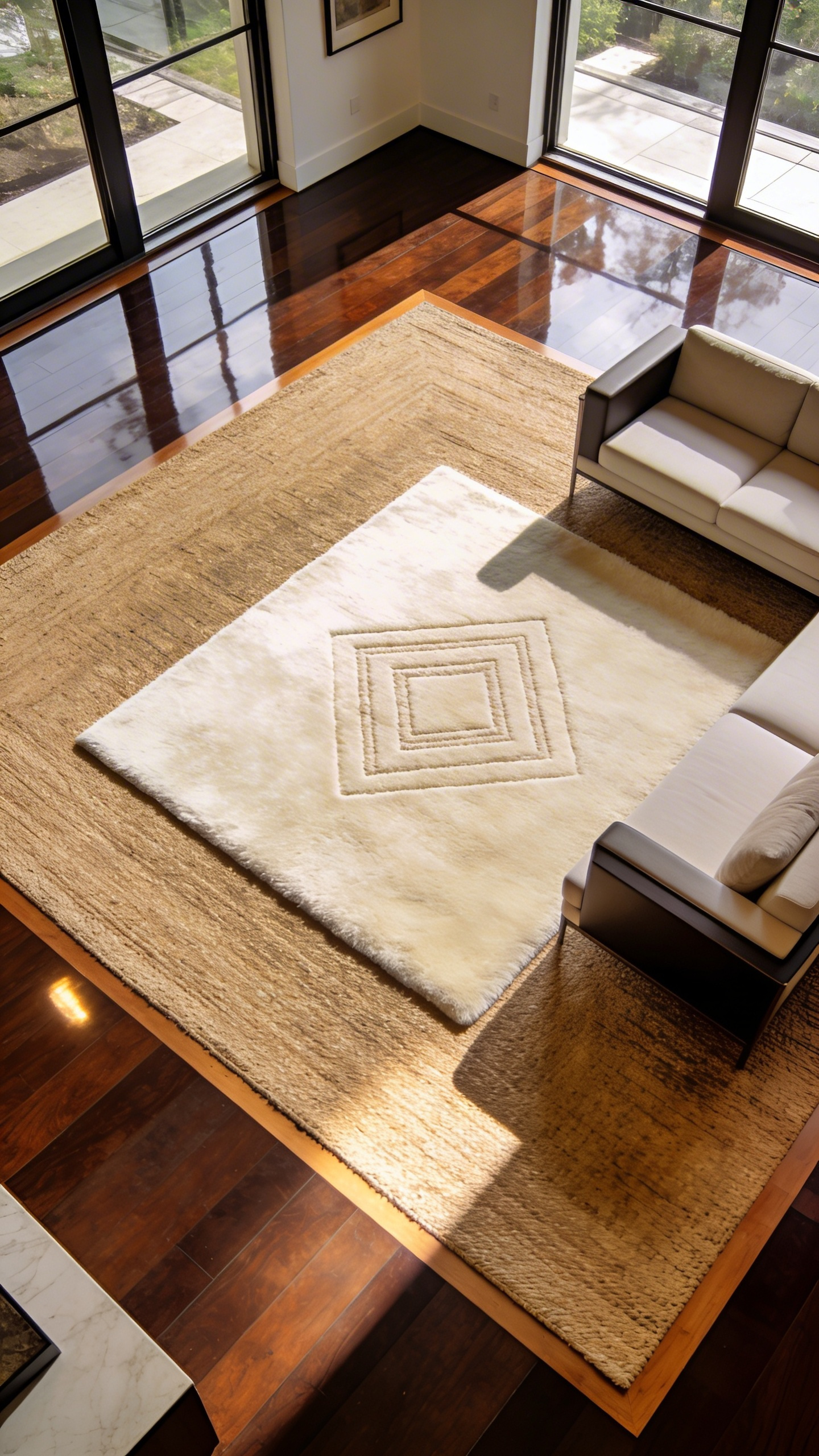 A luxurious living room featuring a plush wool rug layered over a large natural jute rug on top of polished dark hardwood floors.
