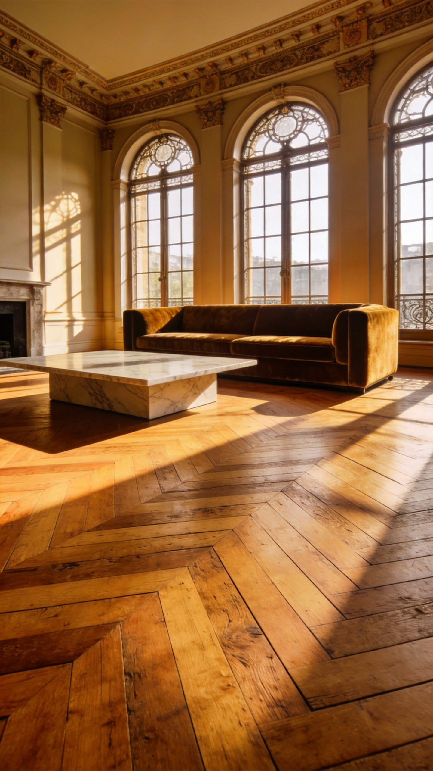 Luxurious living room with antique chevron oak flooring and grand architectural details bathed in warm sunlight.