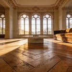 Luxurious living room with antique chevron oak flooring and grand architectural details bathed in warm sunlight.